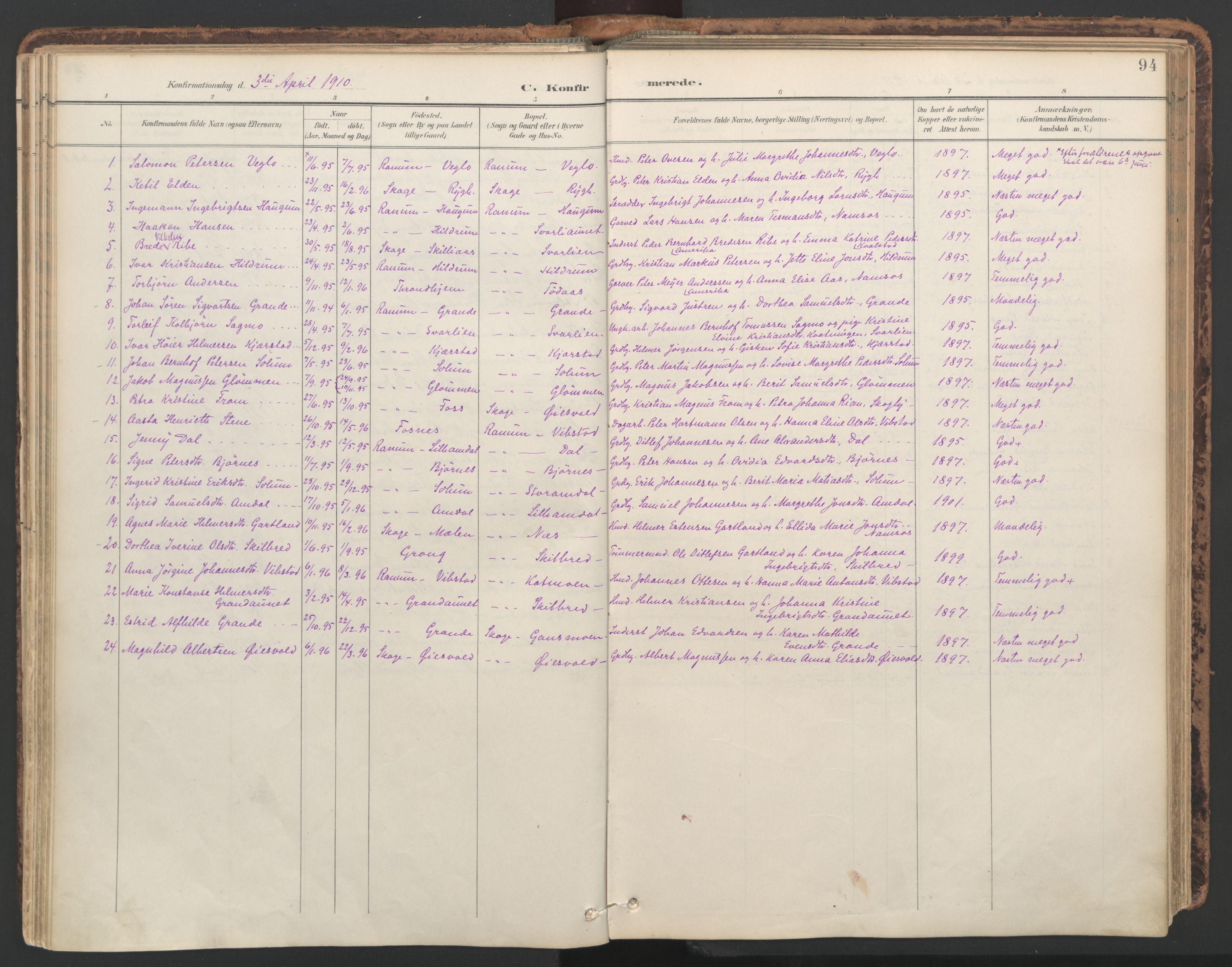 Ministerialprotokoller, klokkerbøker og fødselsregistre - Nord-Trøndelag, SAT/A-1458/764/L0556: Parish register (official) no. 764A11, 1897-1924, p. 94