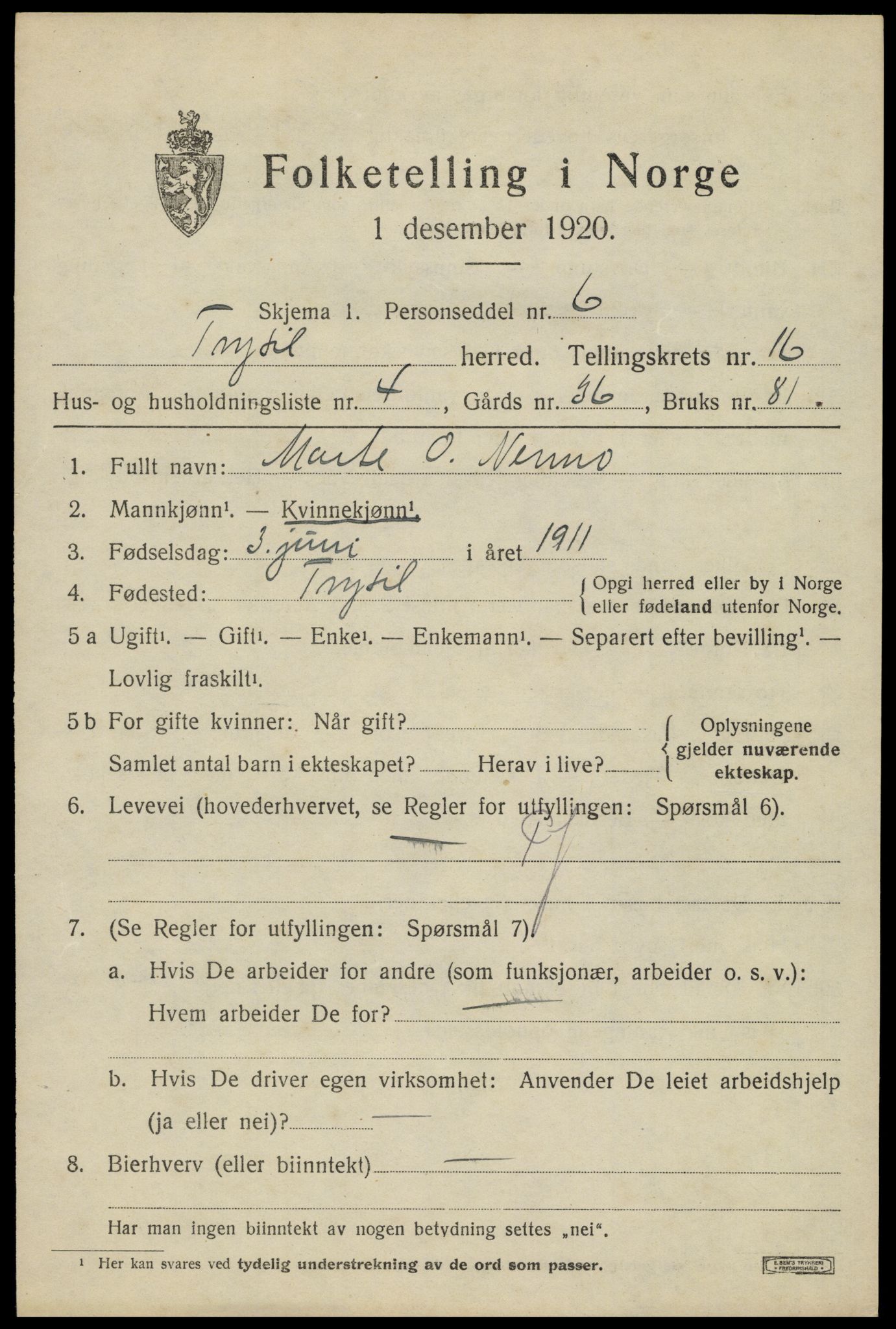 SAH, 1920 census for Trysil, 1920, p. 9477