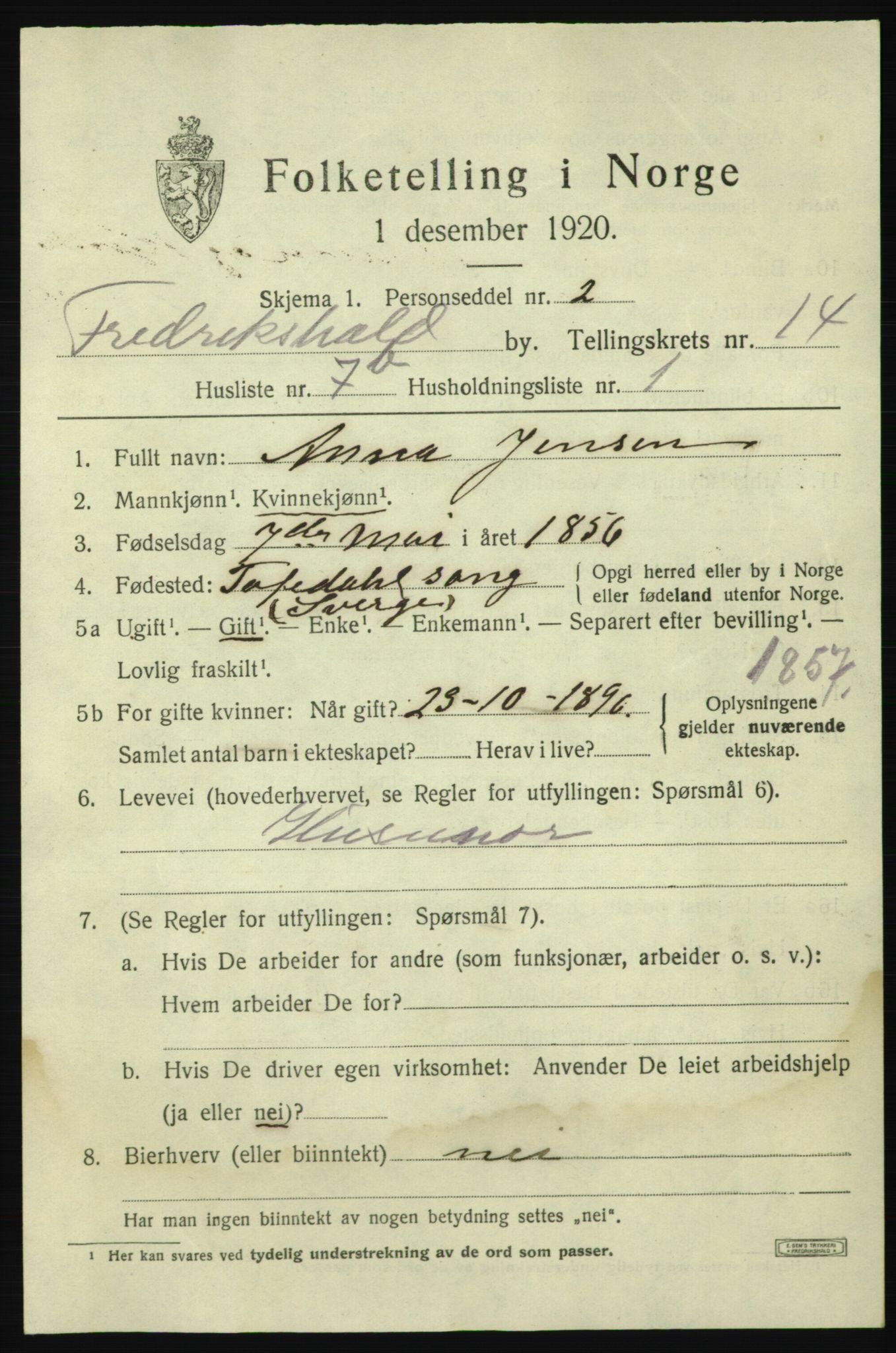 SAO, 1920 census for Fredrikshald, 1920, p. 22401