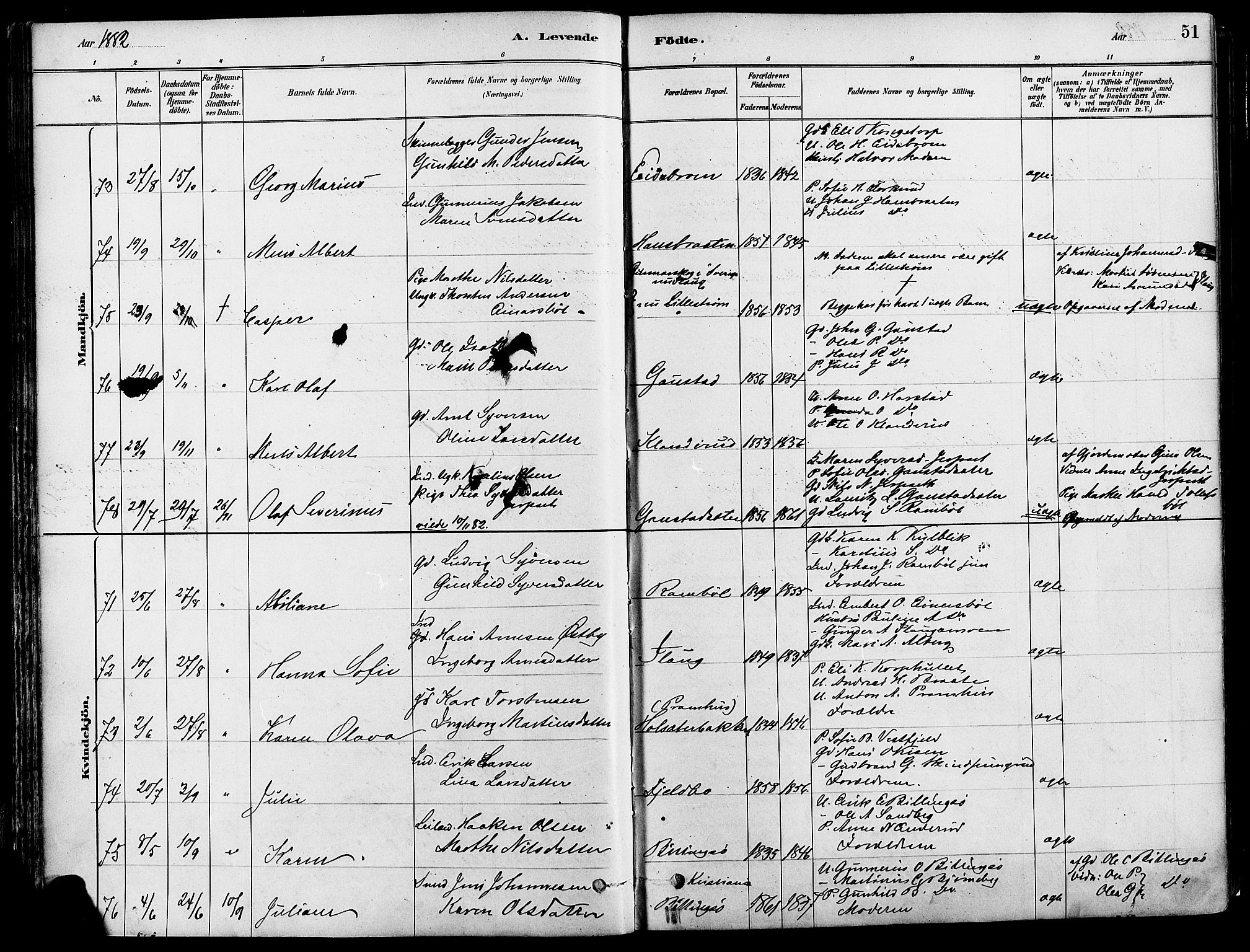 Eidskog prestekontor, AV/SAH-PREST-026/H/Ha/Haa/L0003: Parish register (official) no. 3, 1879-1892, p. 51