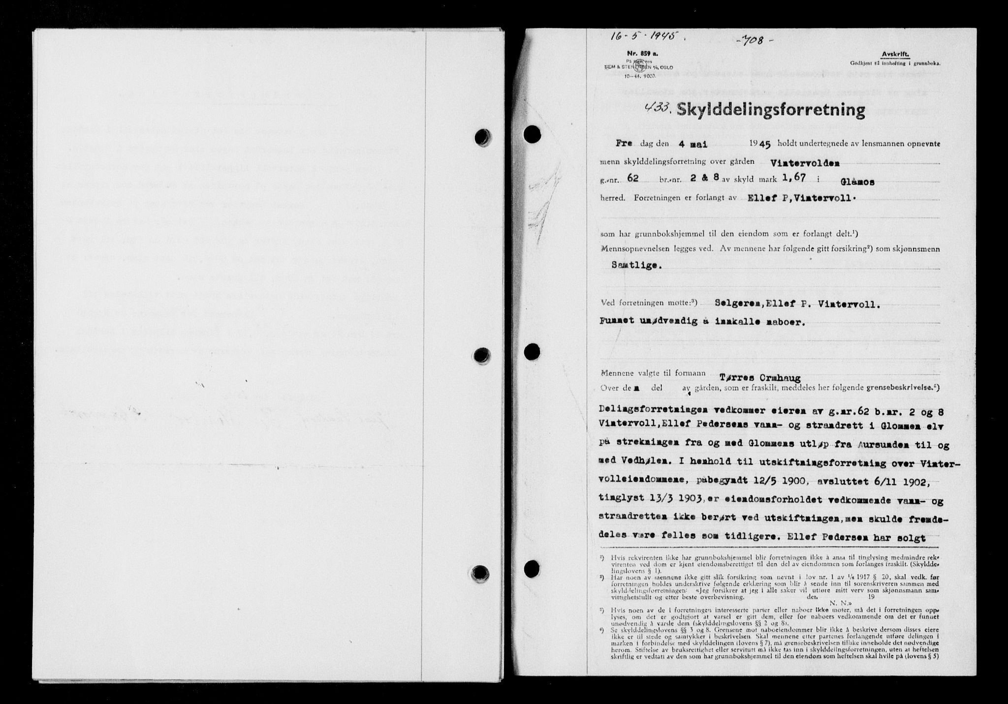 Gauldal sorenskriveri, SAT/A-0014/1/2/2C/L0058: Mortgage book no. 63, 1944-1945, Diary no: : 433/1945