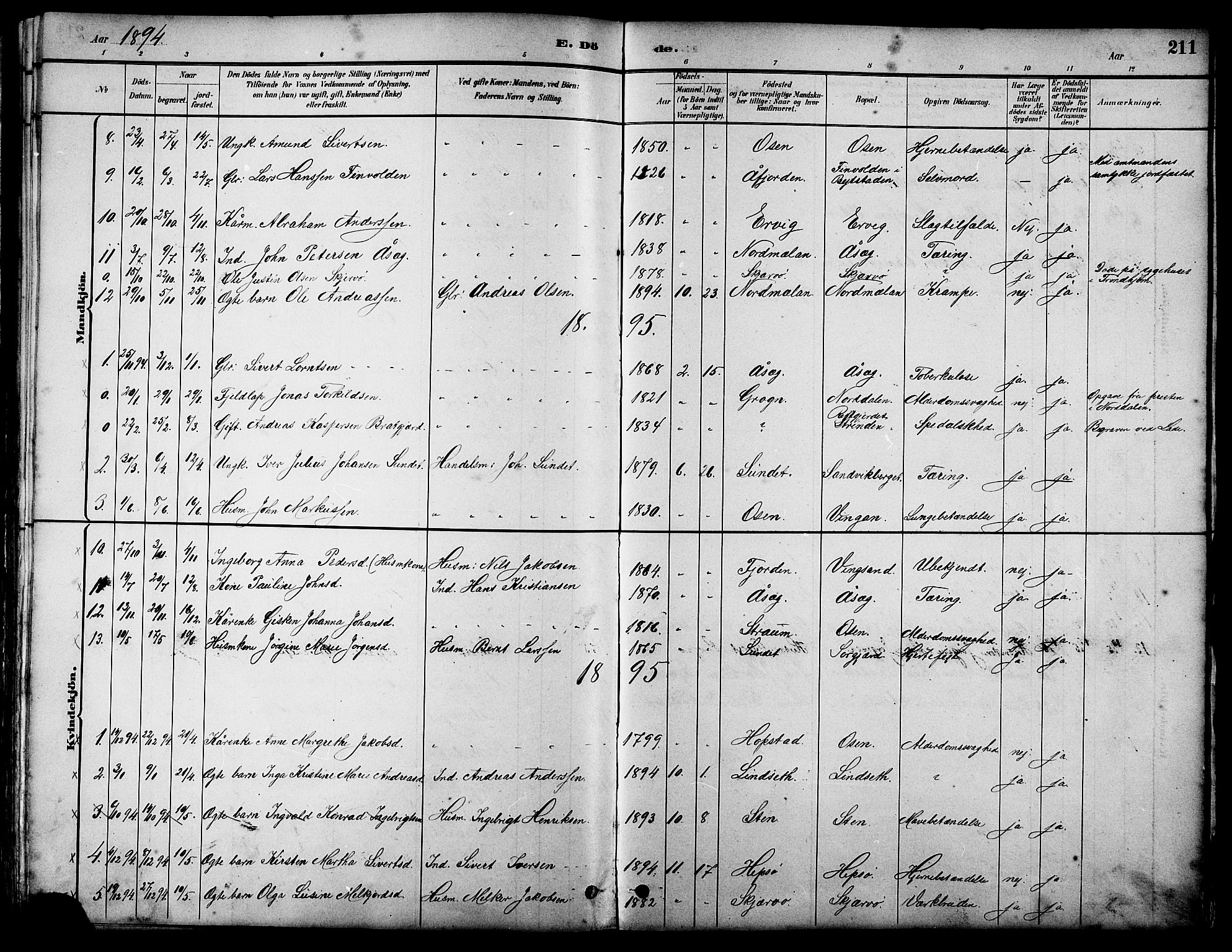 Ministerialprotokoller, klokkerbøker og fødselsregistre - Sør-Trøndelag, SAT/A-1456/658/L0726: Parish register (copy) no. 658C02, 1883-1908, p. 211