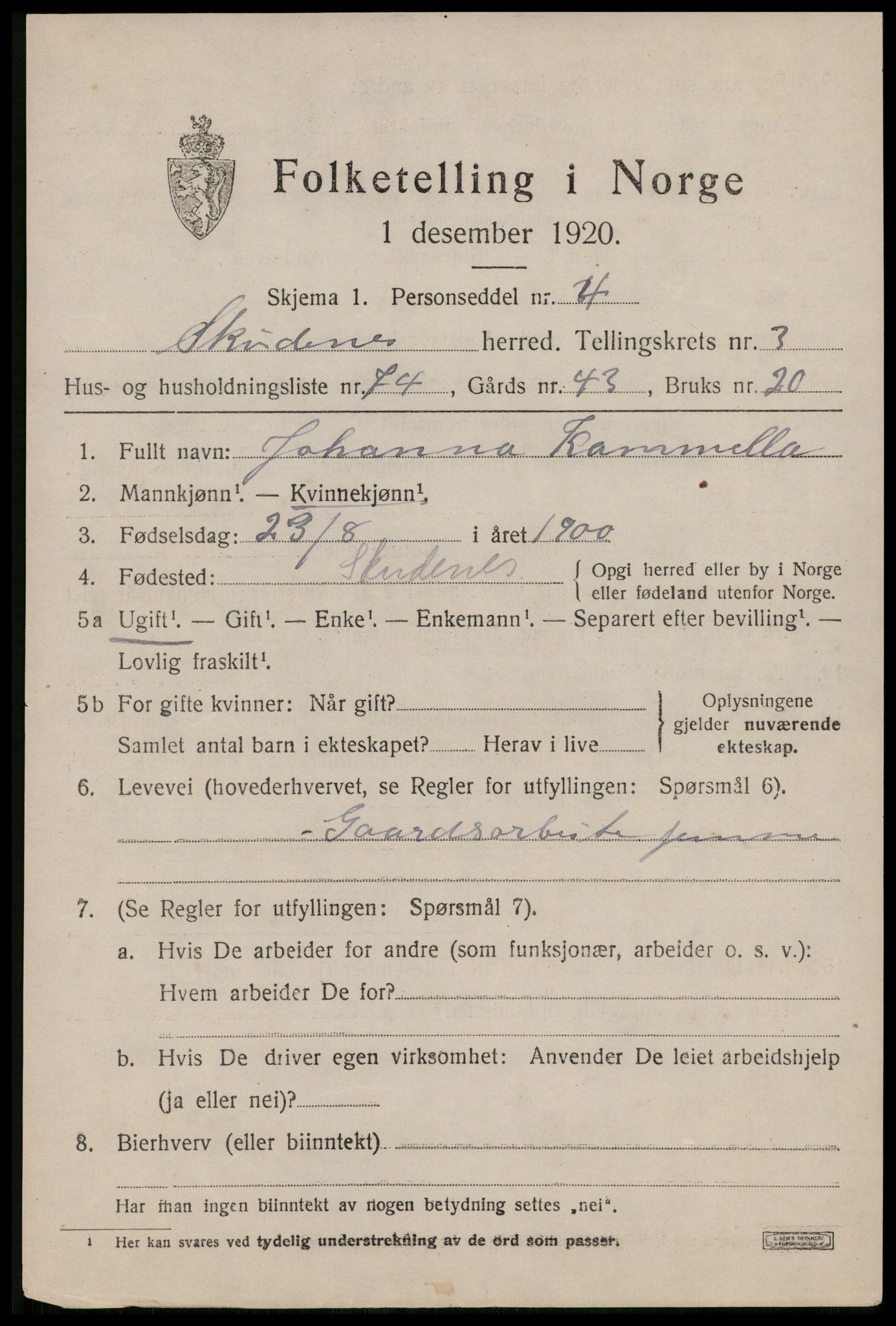 SAST, 1920 census for Skudenes, 1920, p. 3366