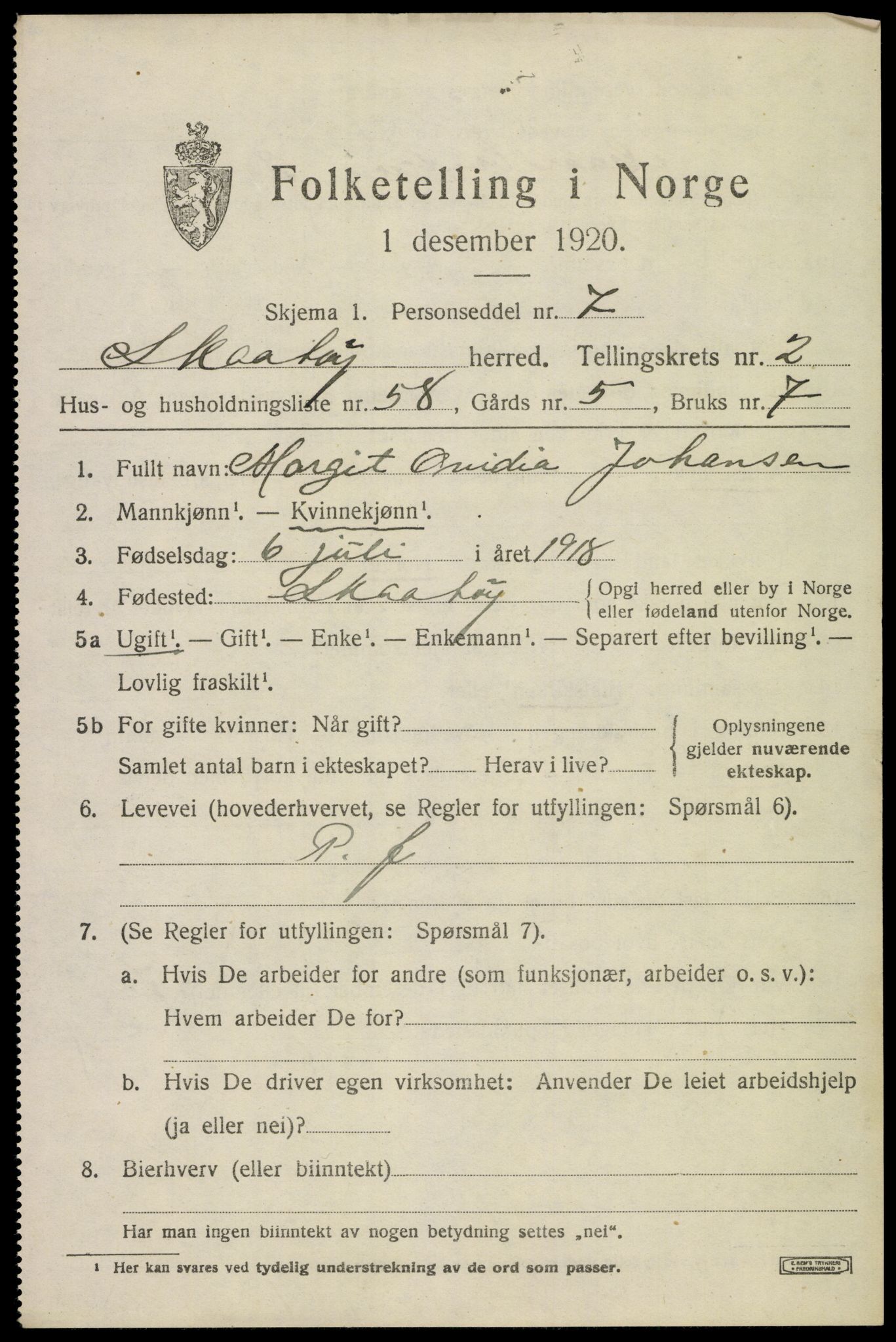 SAKO, 1920 census for Skåtøy, 1920, p. 2788