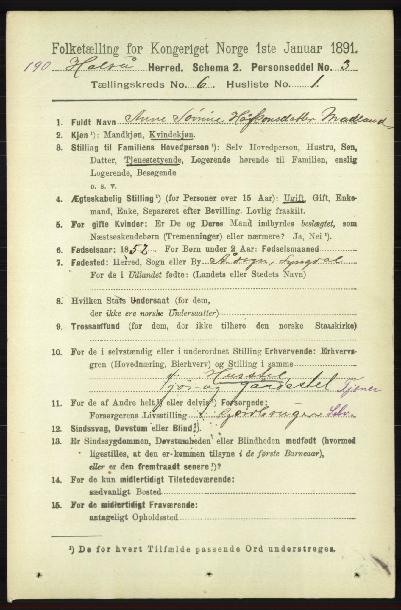 RA, 1891 census for 1019 Halse og Harkmark, 1891, p. 2373