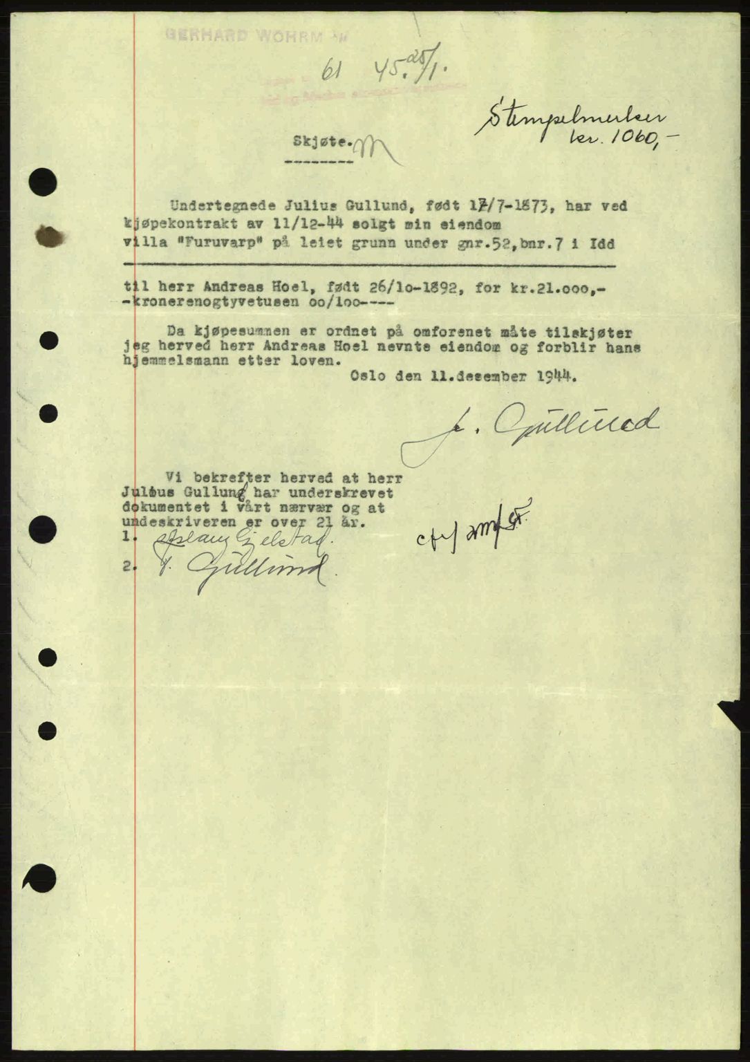 Idd og Marker sorenskriveri, AV/SAO-A-10283/G/Gb/Gbb/L0007: Mortgage book no. A7, 1944-1945, Diary no: : 61/1945