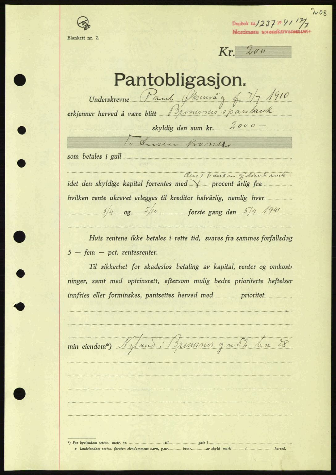 Nordmøre sorenskriveri, AV/SAT-A-4132/1/2/2Ca: Mortgage book no. B88, 1941-1942, Diary no: : 1237/1941