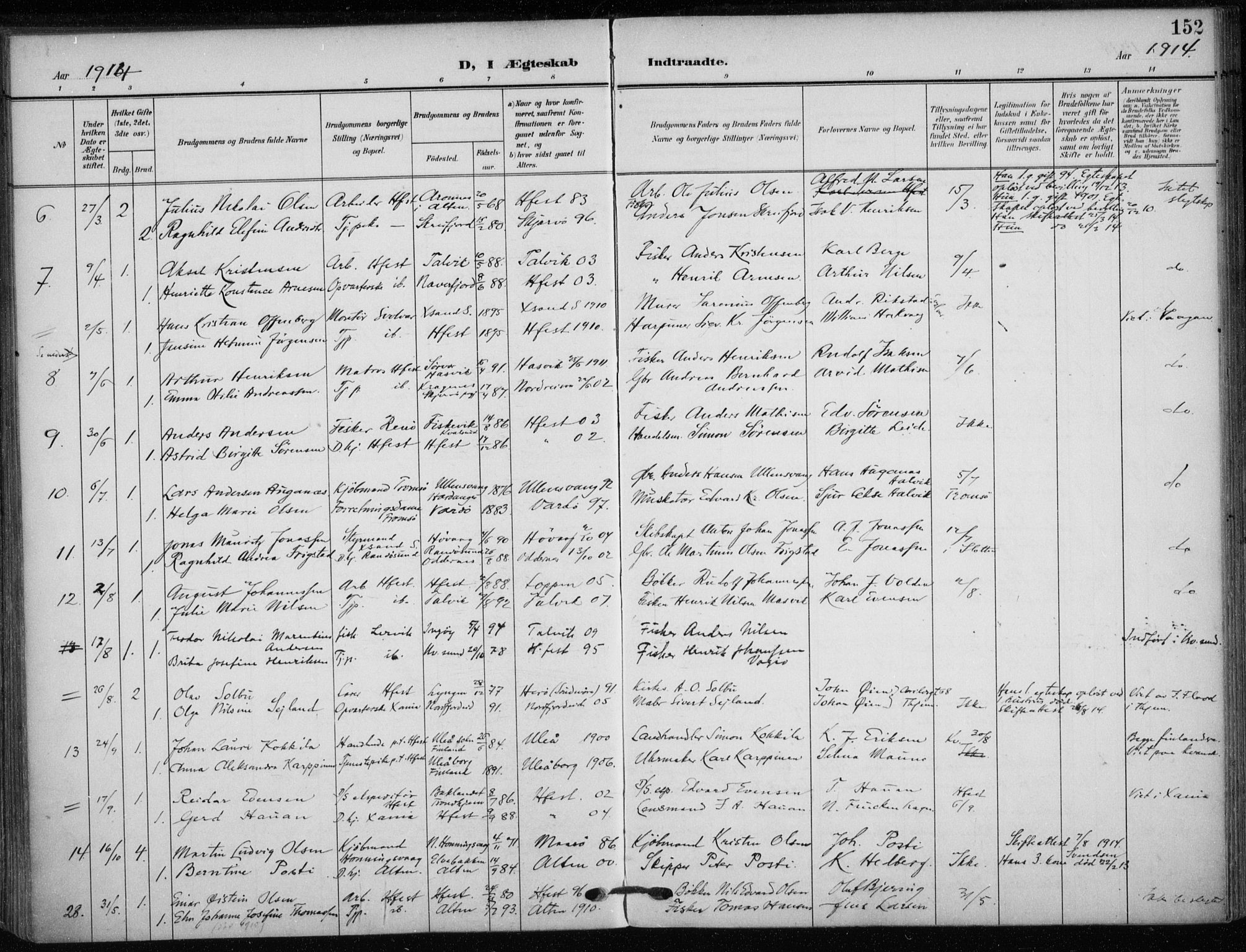 Hammerfest sokneprestkontor, SATØ/S-1347/H/Ha/L0014.kirke: Parish register (official) no. 14, 1906-1916, p. 152