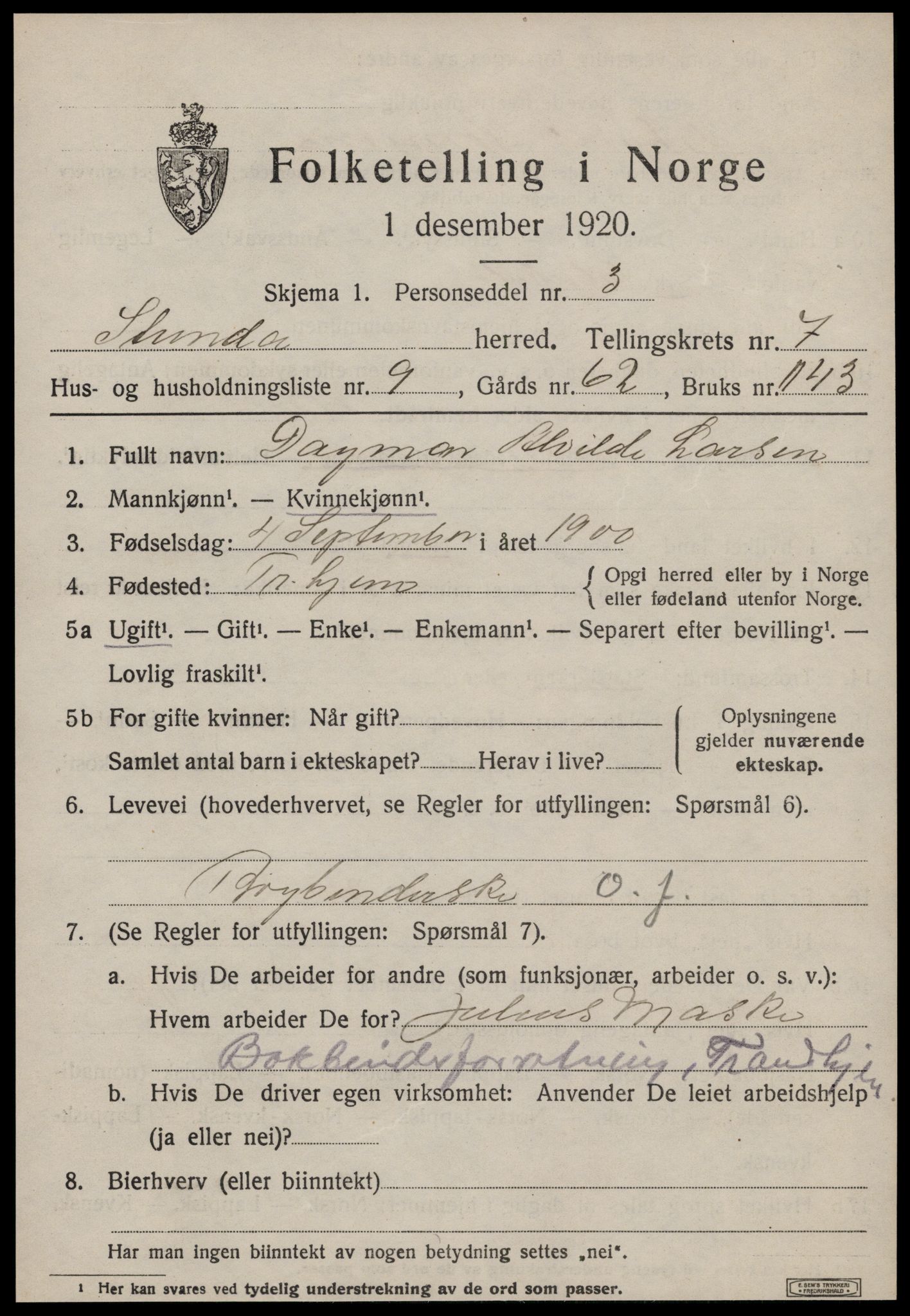 SAT, 1920 census for Strinda, 1920, p. 17170
