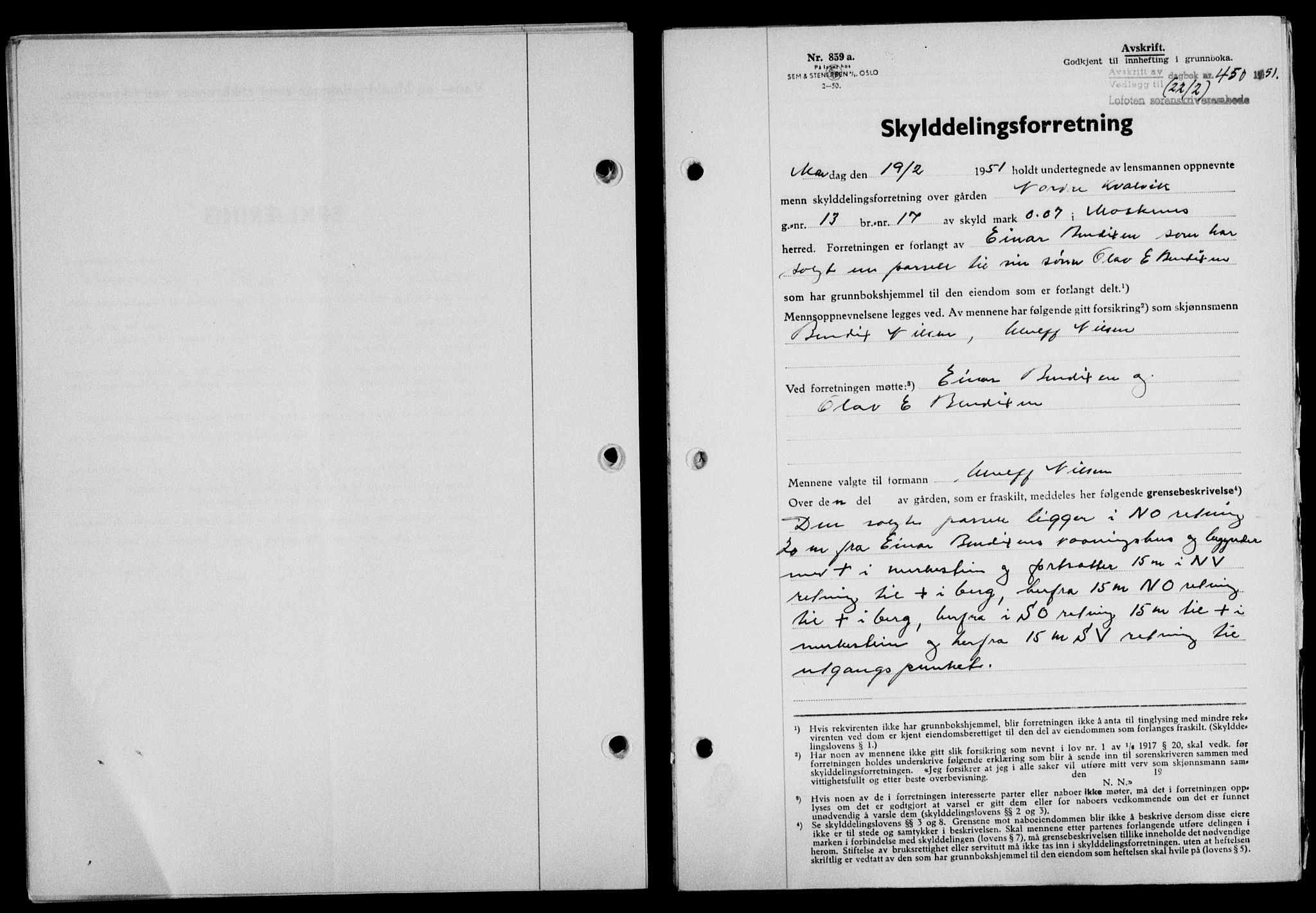 Lofoten sorenskriveri, SAT/A-0017/1/2/2C/L0025a: Mortgage book no. 25a, 1950-1951, Diary no: : 450/1951