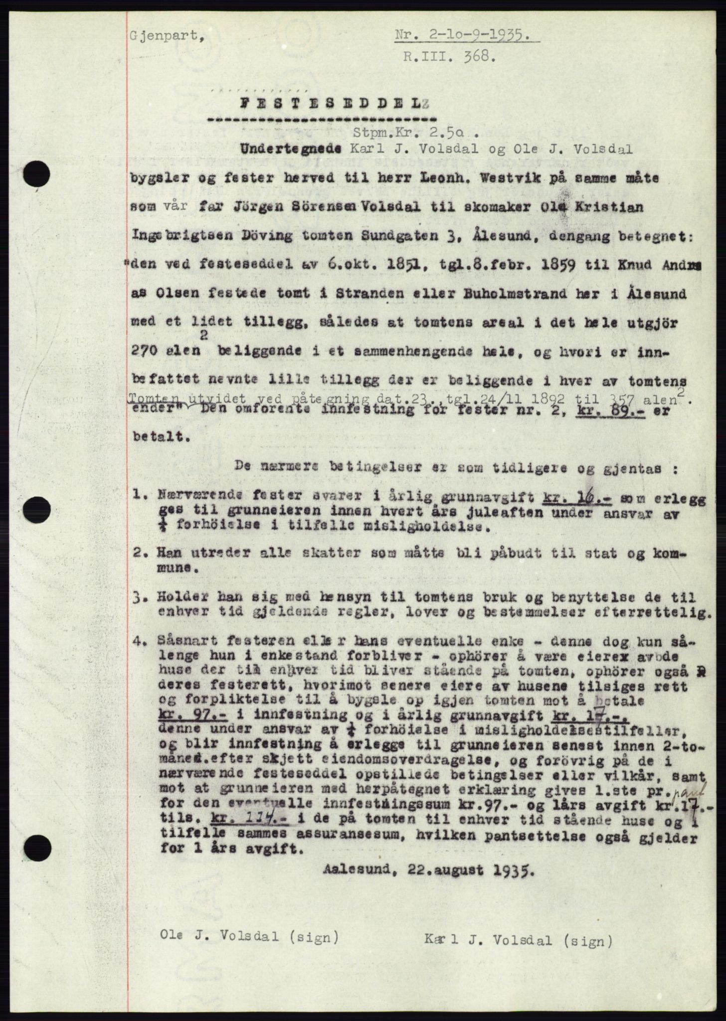 Ålesund byfogd, AV/SAT-A-4384: Mortgage book no. 32, 1934-1935, Deed date: 10.09.1935