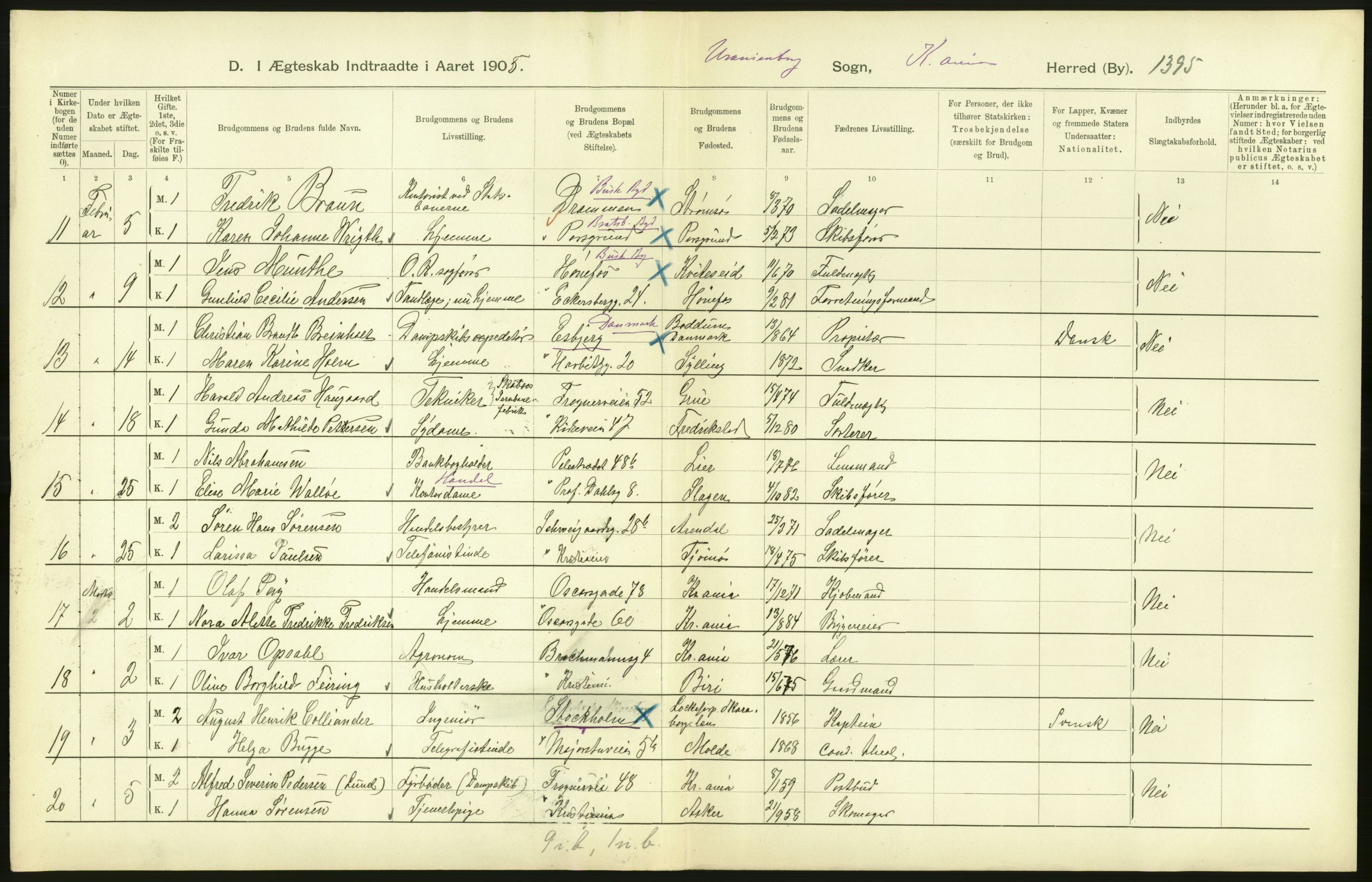 Statistisk sentralbyrå, Sosiodemografiske emner, Befolkning, AV/RA-S-2228/D/Df/Dfa/Dfac/L0007b: Kristiania: Gifte, 1905, p. 182