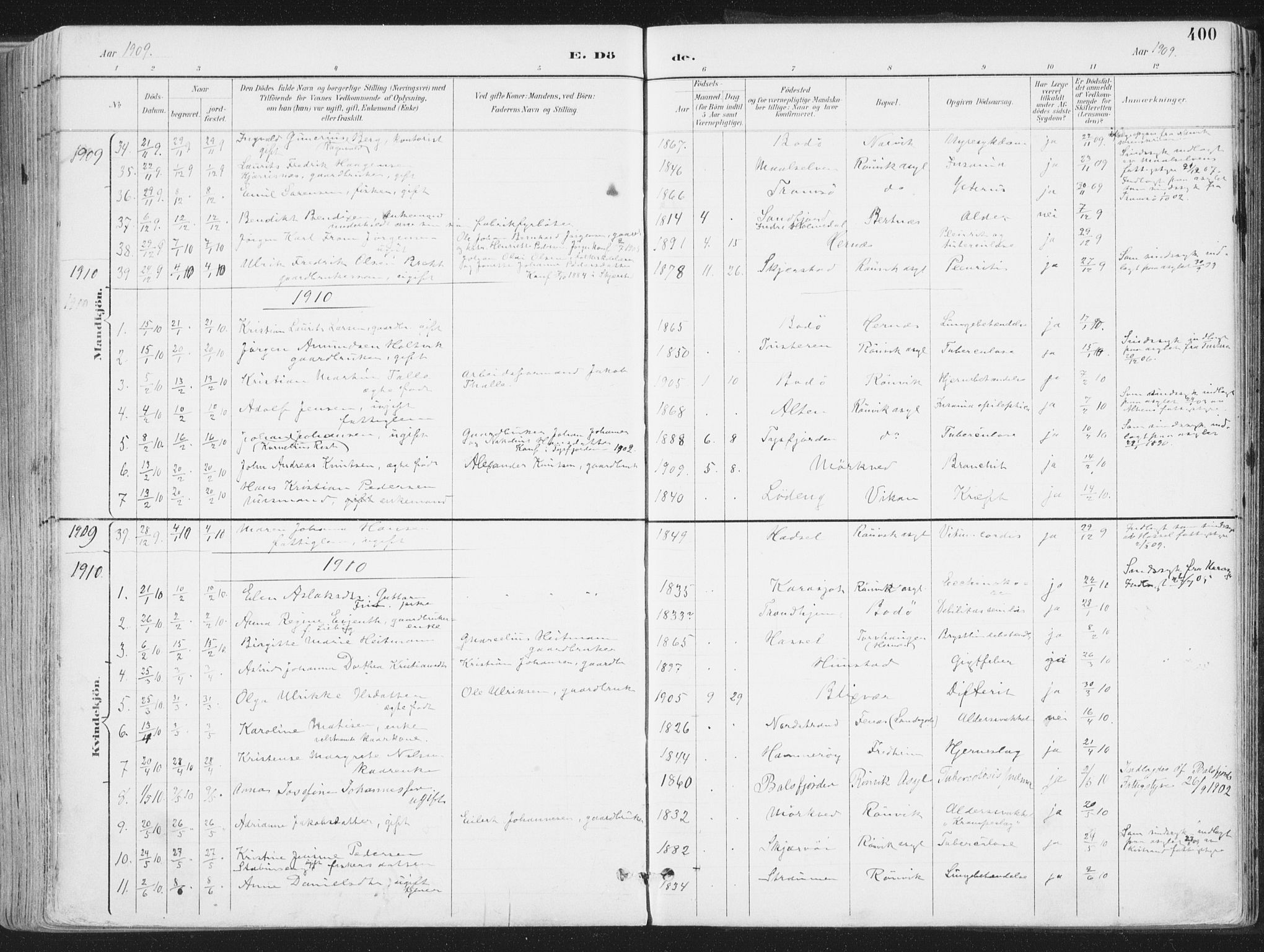 Ministerialprotokoller, klokkerbøker og fødselsregistre - Nordland, AV/SAT-A-1459/802/L0055: Parish register (official) no. 802A02, 1894-1915, p. 400