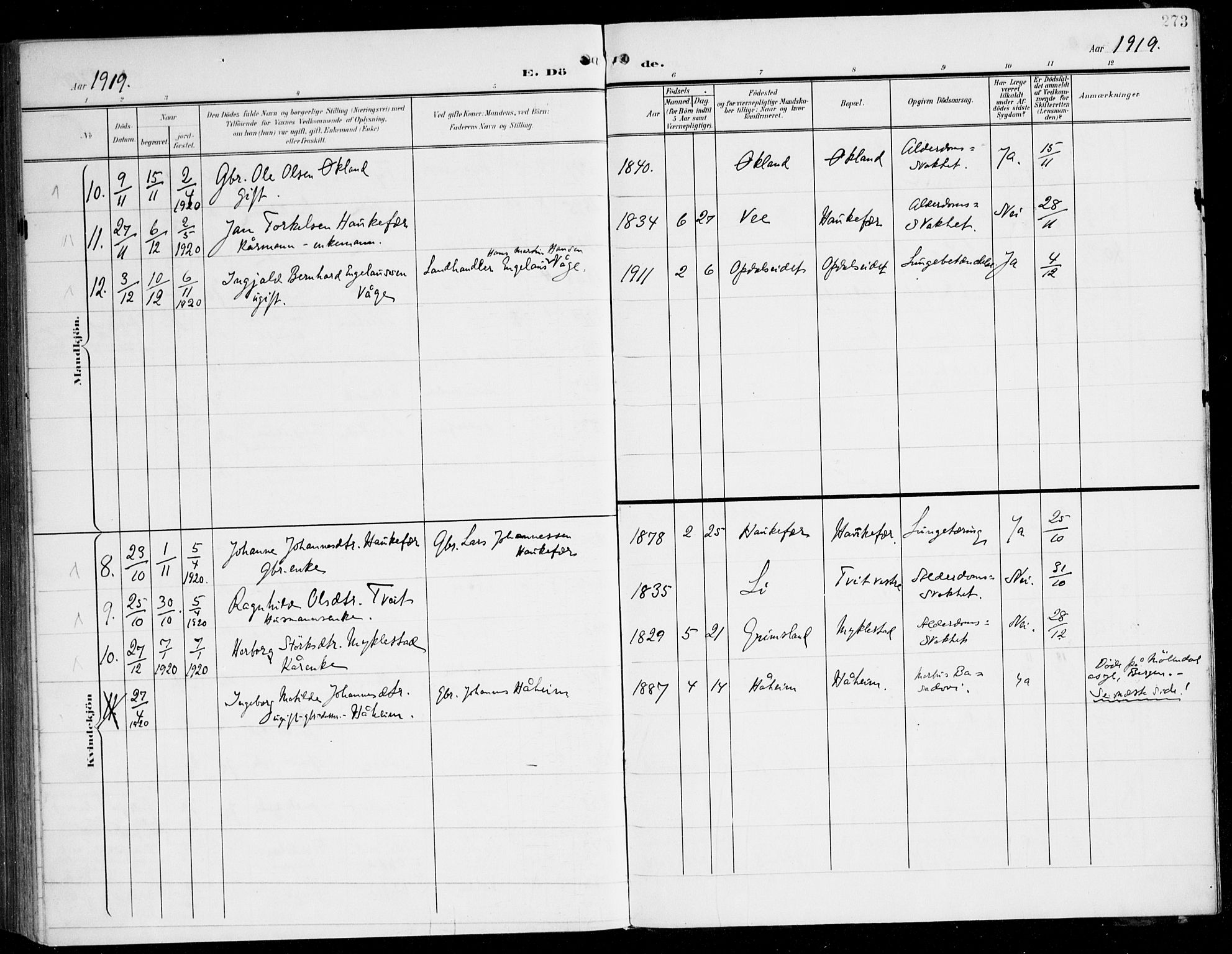 Tysnes sokneprestembete, AV/SAB-A-78601/H/Haa: Parish register (official) no. D 2, 1905-1922, p. 273