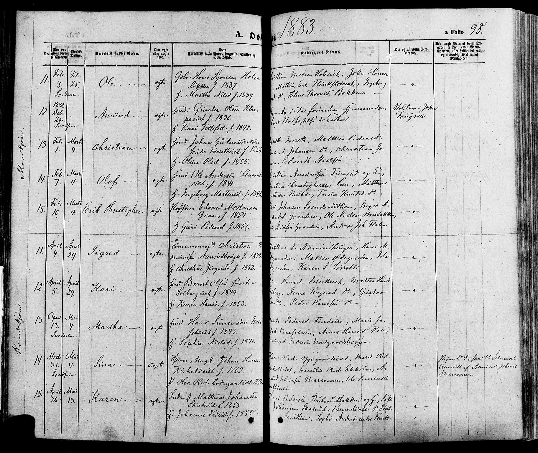 Gausdal prestekontor, AV/SAH-PREST-090/H/Ha/Haa/L0010: Parish register (official) no. 10, 1867-1886, p. 98