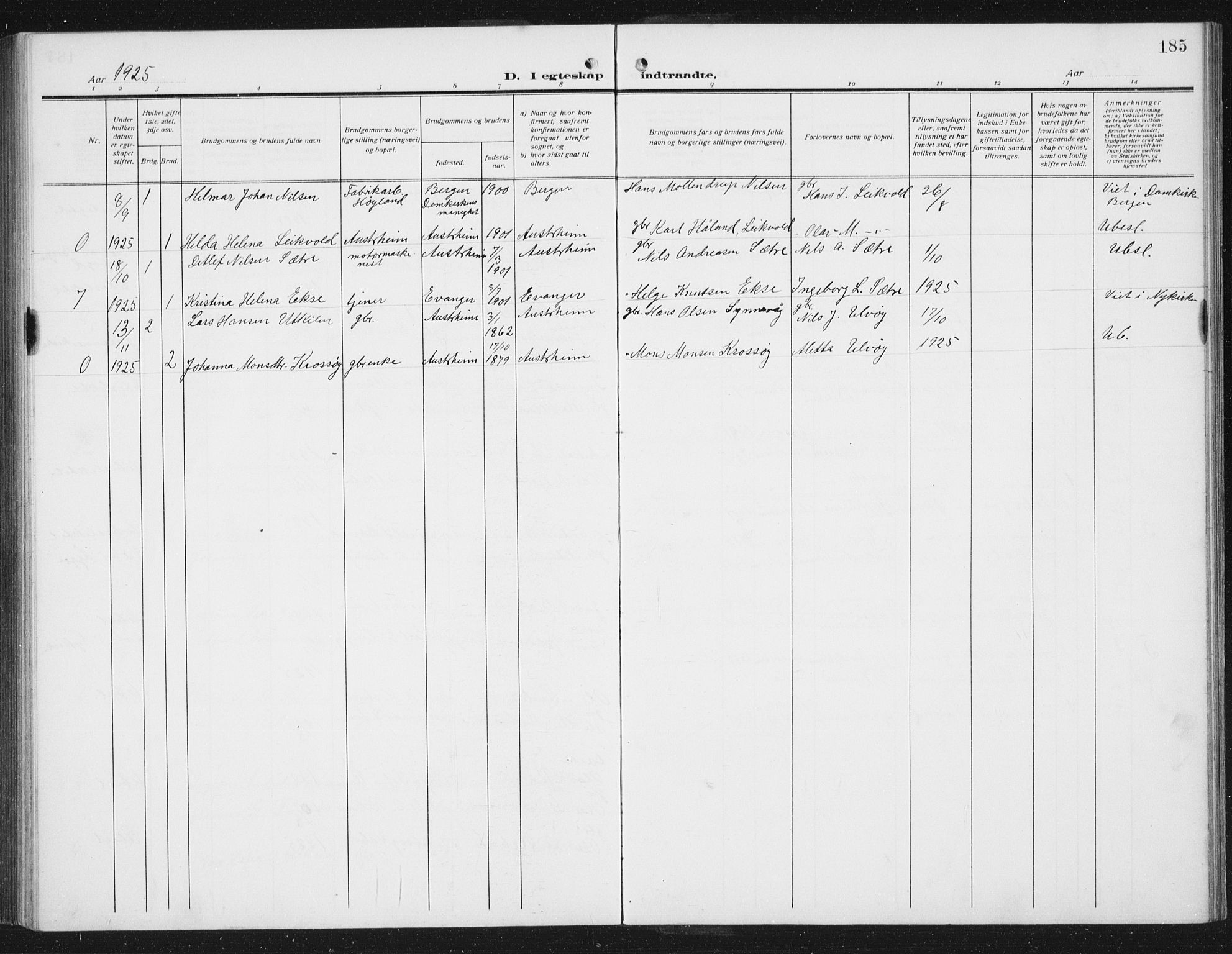 Lindås Sokneprestembete, AV/SAB-A-76701/H/Hab/Habc/L0005: Parish register (copy) no. C 5, 1910-1927, p. 185