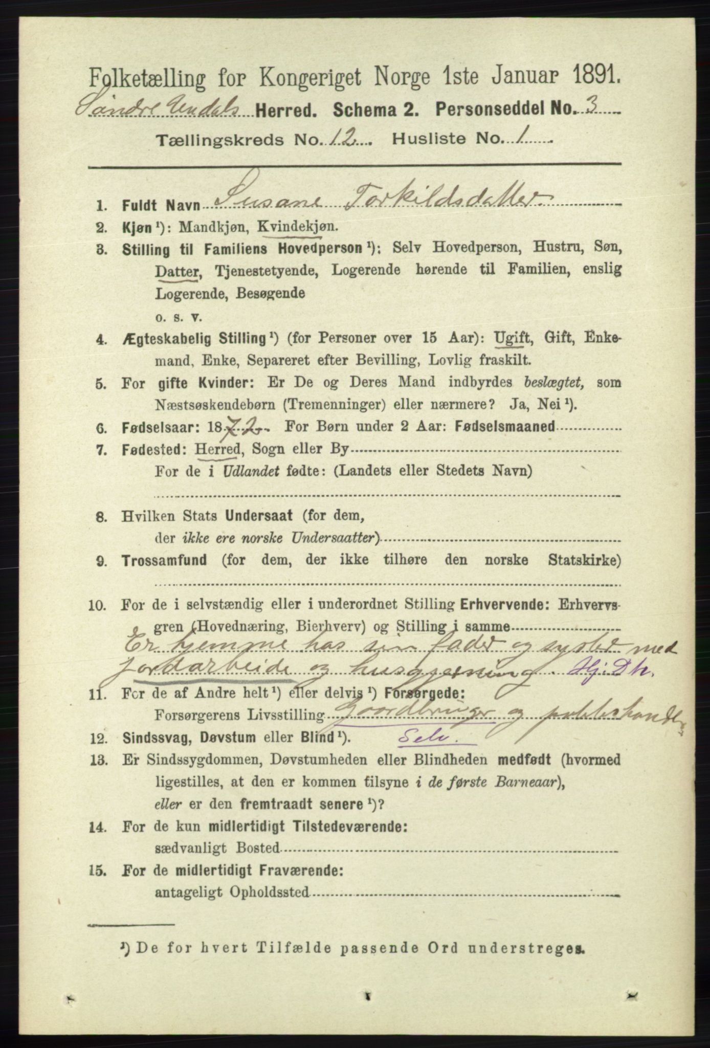 RA, 1891 census for 1029 Sør-Audnedal, 1891, p. 5503