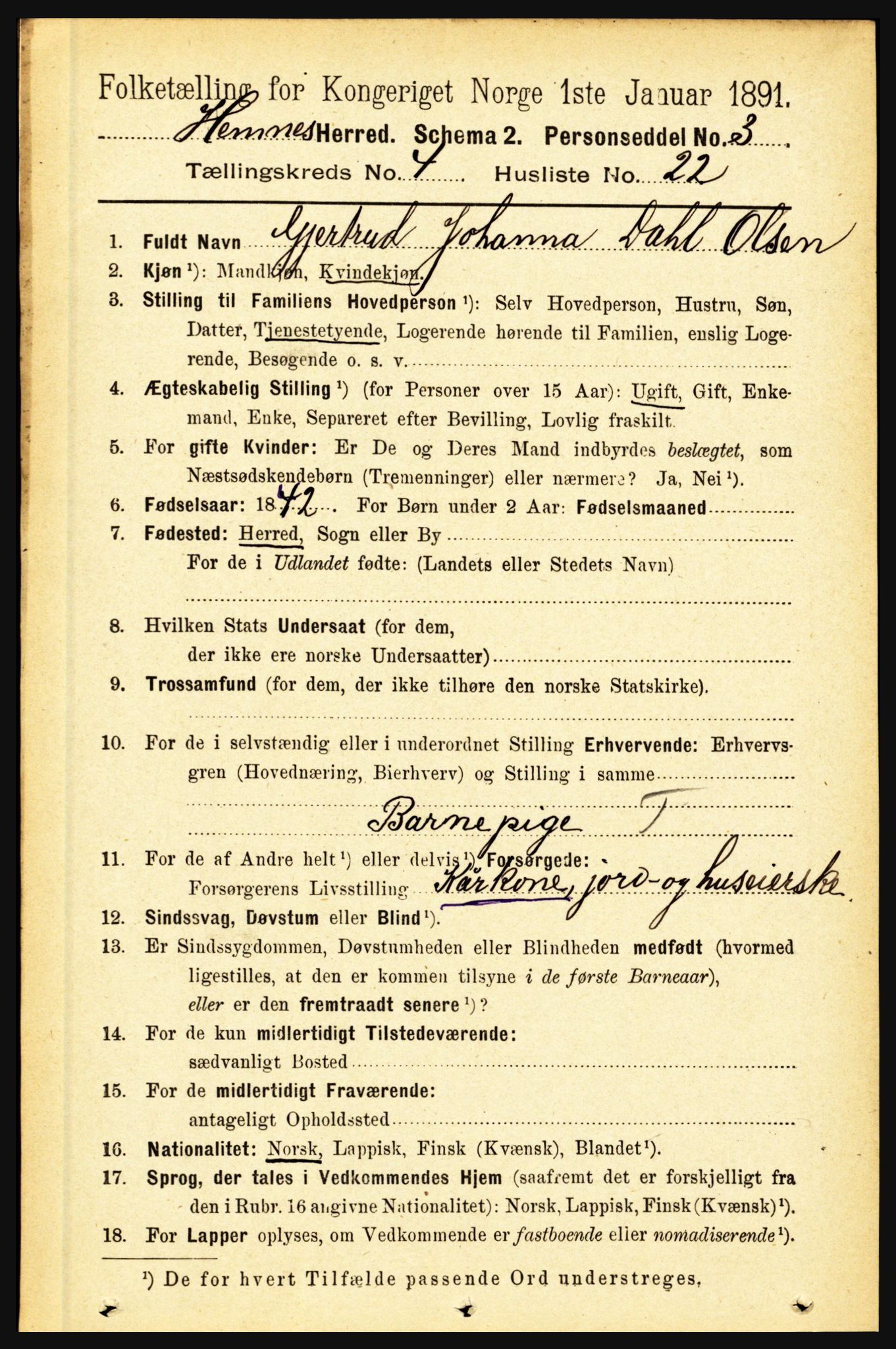 RA, 1891 census for 1832 Hemnes, 1891, p. 2390