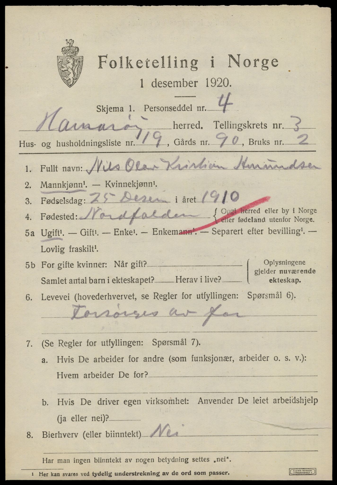 SAT, 1920 census for Hamarøy, 1920, p. 2314