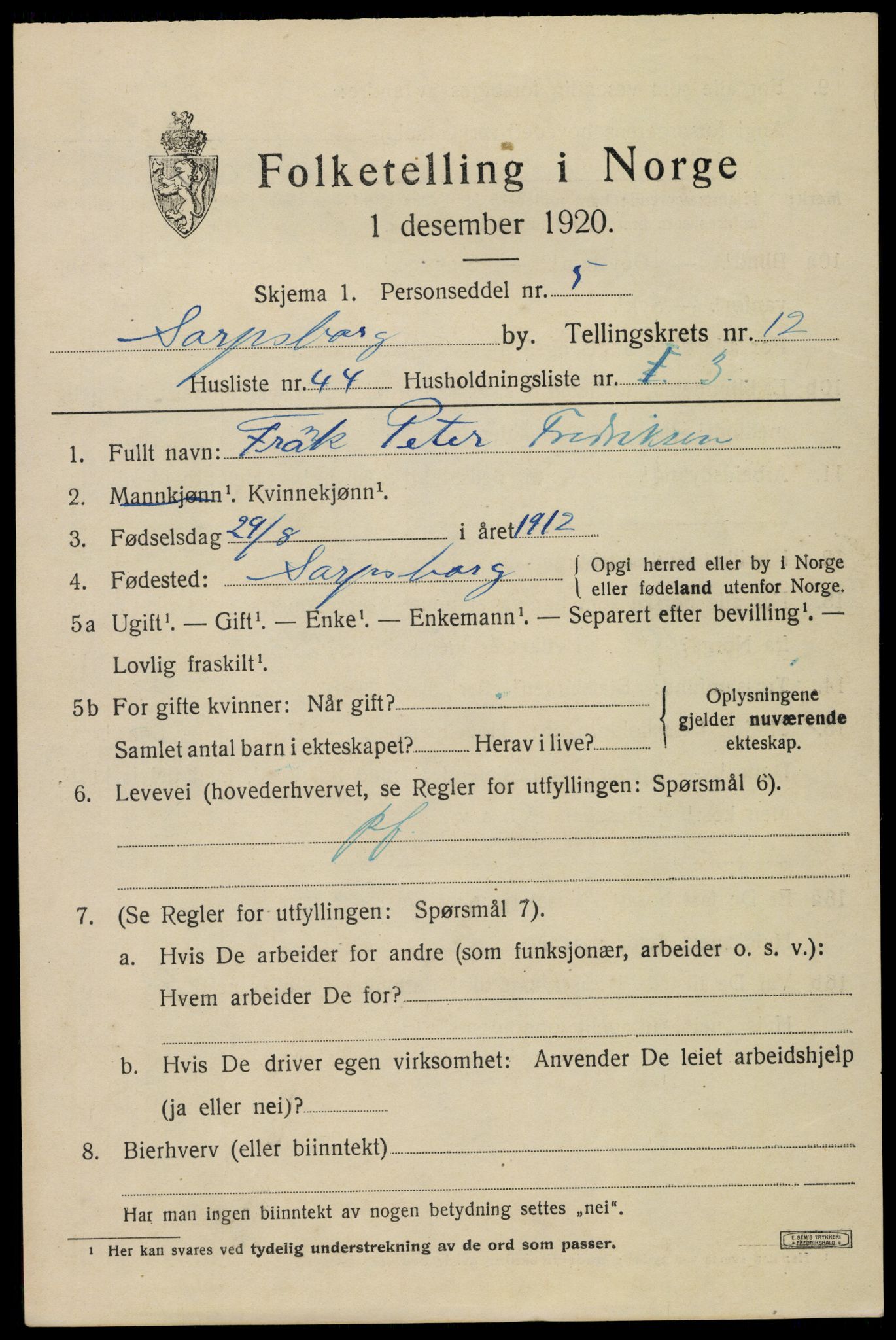 SAO, 1920 census for Sarpsborg, 1920, p. 26060