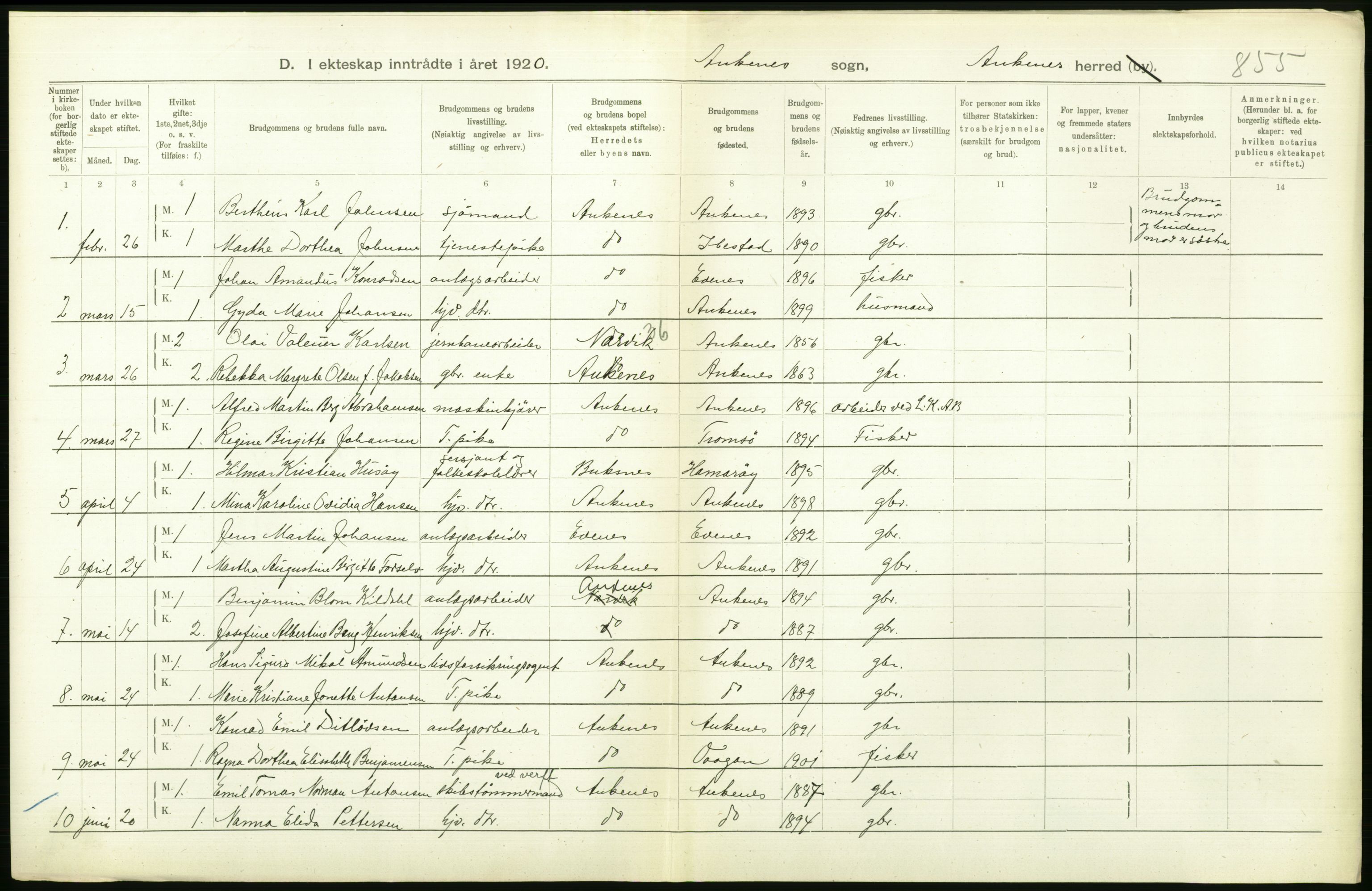 Statistisk sentralbyrå, Sosiodemografiske emner, Befolkning, AV/RA-S-2228/D/Df/Dfb/Dfbj/L0057: Nordland fylke: Gifte, dødfødte. Bygder og byer., 1920, p. 196