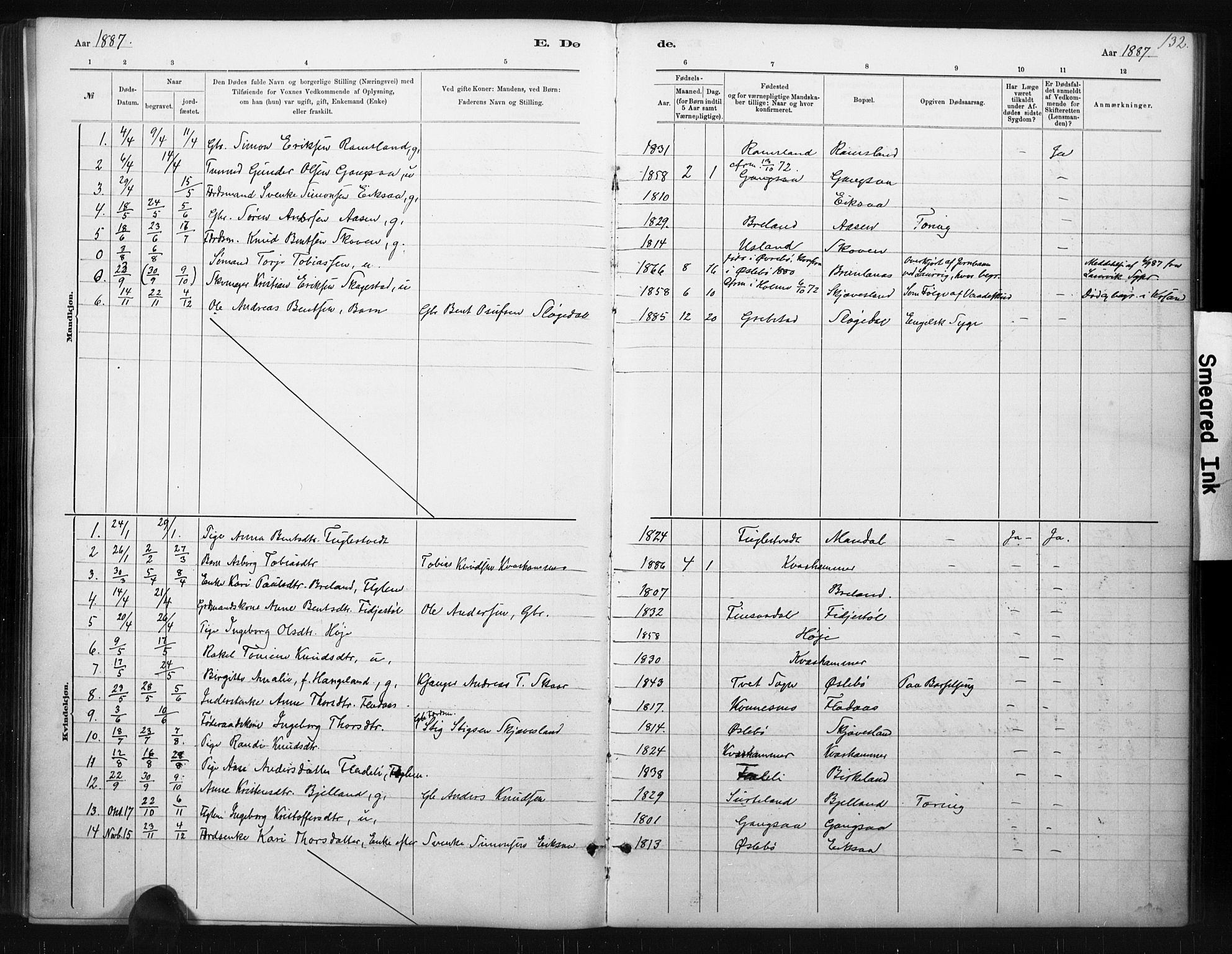 Holum sokneprestkontor, AV/SAK-1111-0022/F/Fa/Fac/L0004: Parish register (official) no. A 4, 1884-1907, p. 132