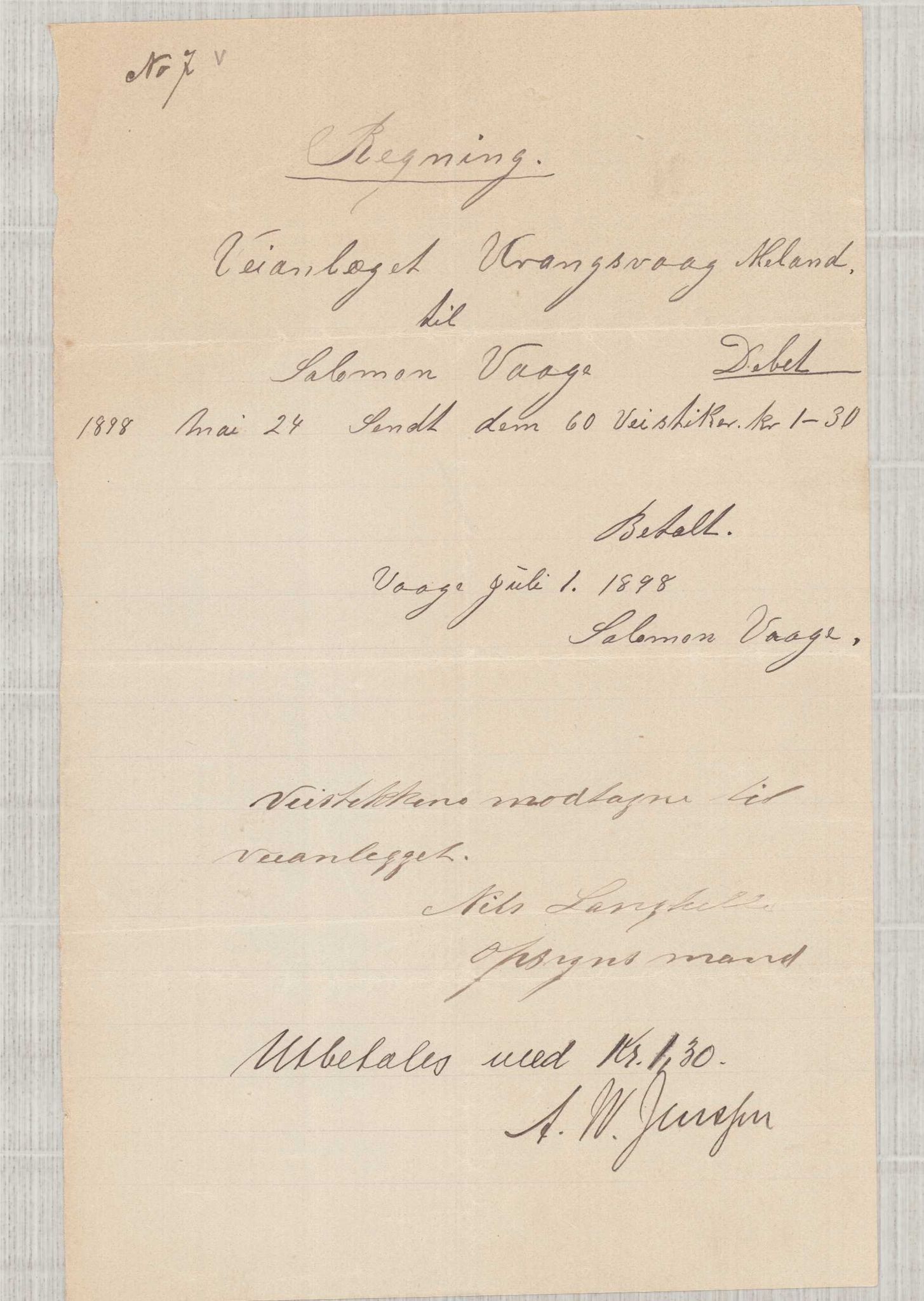 Finnaas kommune. Formannskapet, IKAH/1218a-021/E/Ea/L0002/0001: Rekneskap for veganlegg / Rekneskap for veganlegget Urangsvåg - Mælandsvåg, 1898-1900, p. 18