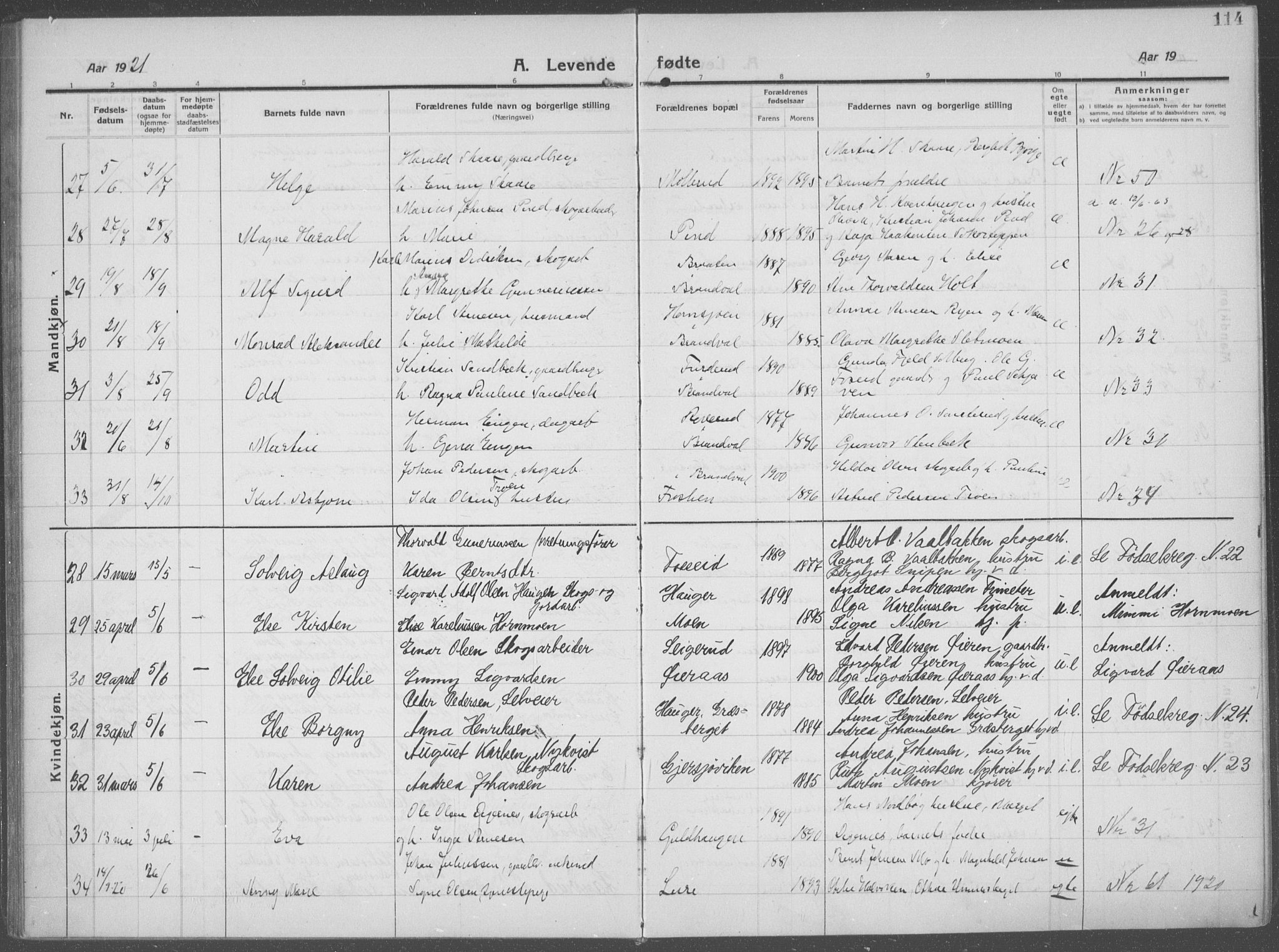 Brandval prestekontor, AV/SAH-PREST-034/H/Ha/Haa/L0004: Parish register (official) no. 4, 1910-1924, p. 114