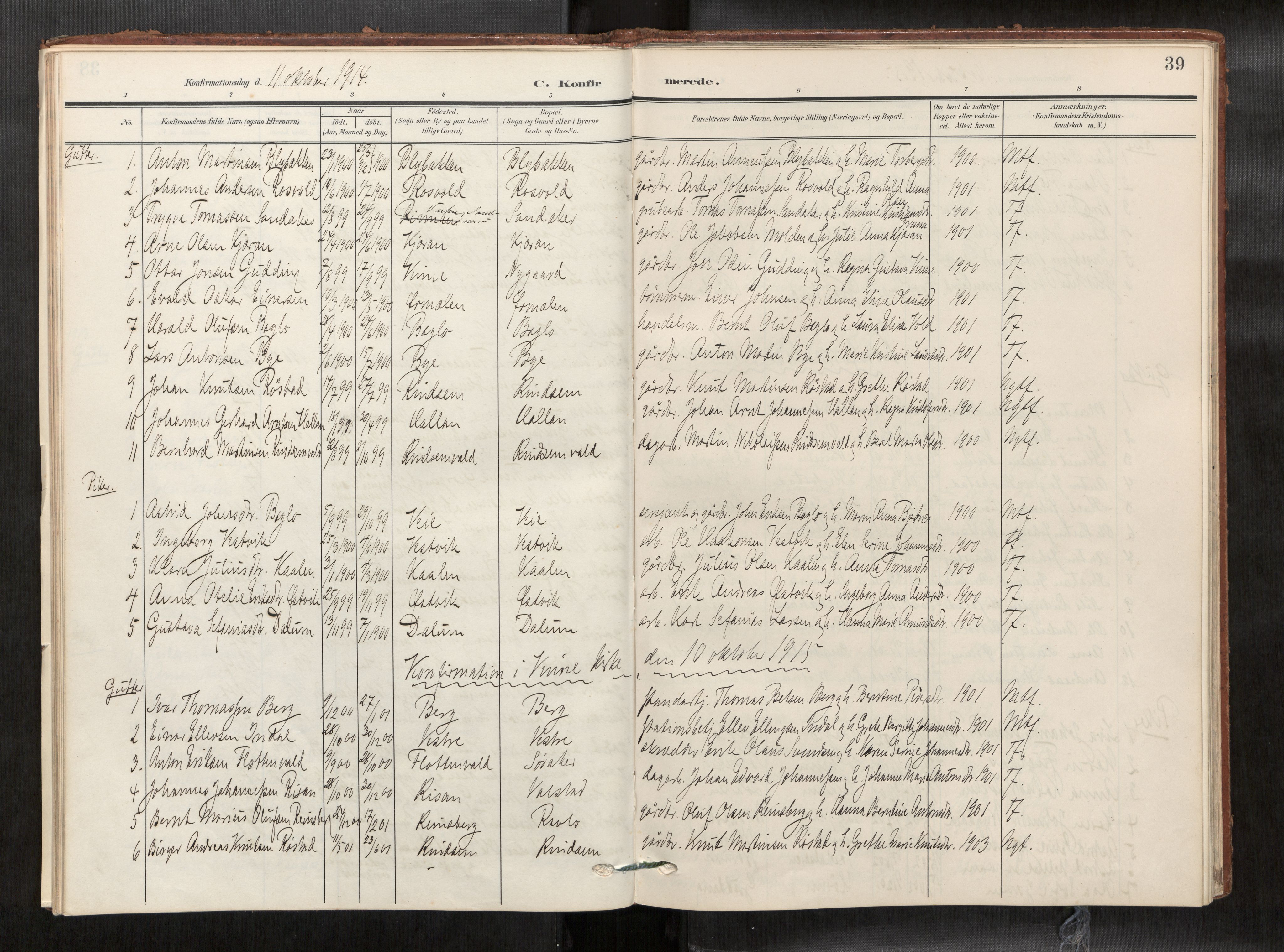 Verdal sokneprestkontor, AV/SAT-A-1156/2/H/Haa/L0003: Parish register (official) no. 3, 1907-1921, p. 39