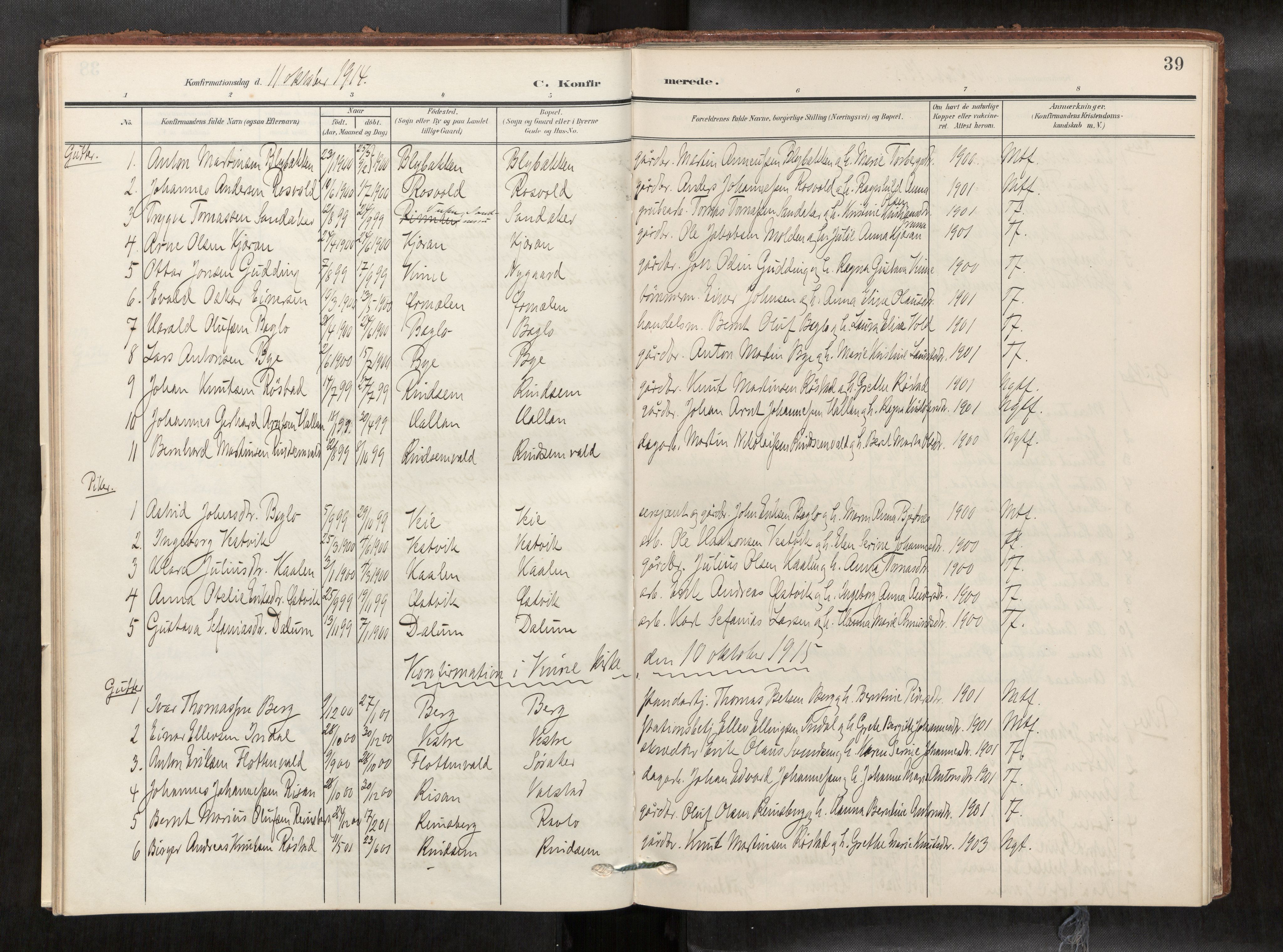 Verdal sokneprestkontor, SAT/A-1156/2/H/Haa/L0003: Parish register (official) no. 3, 1907-1921, p. 39