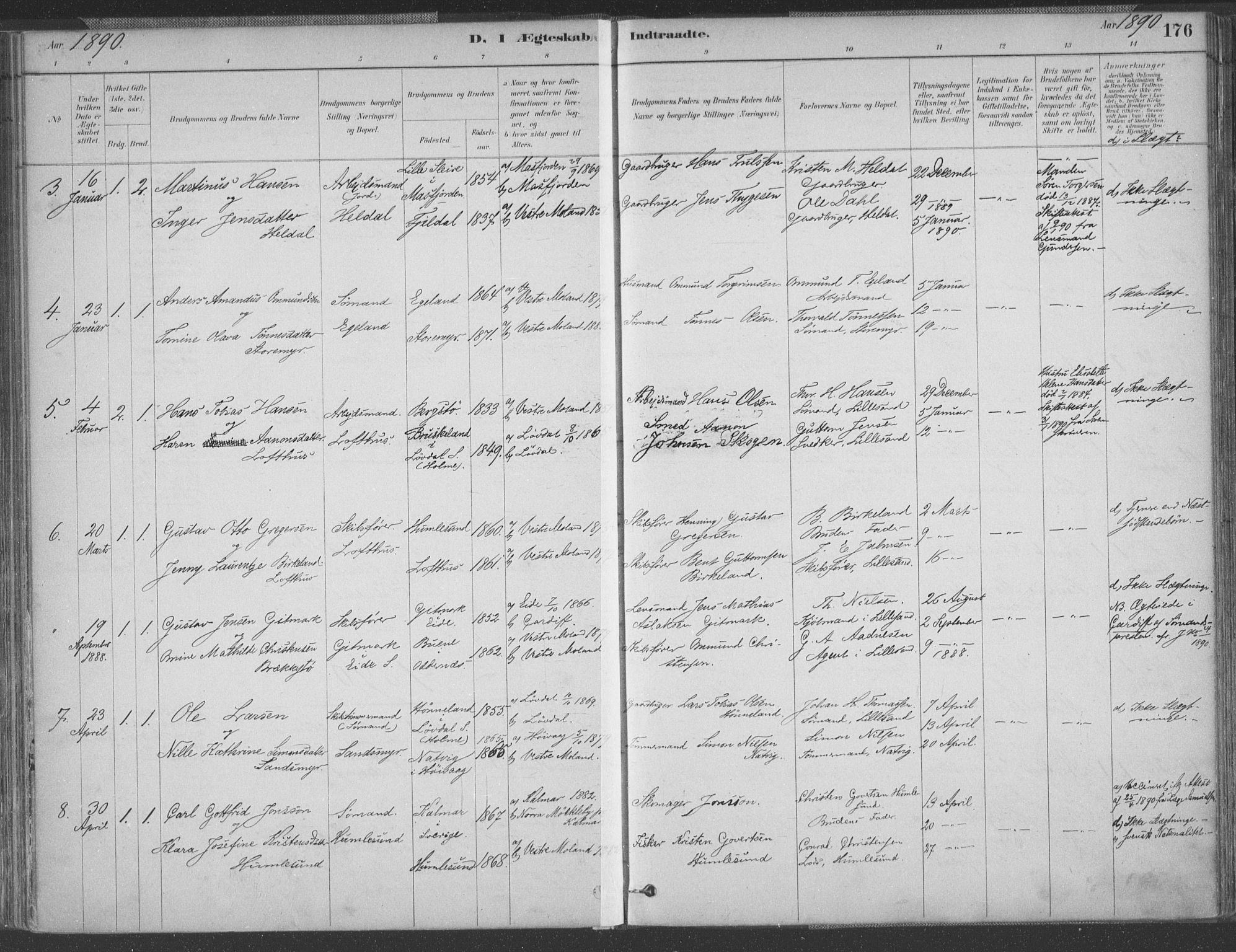 Vestre Moland sokneprestkontor, AV/SAK-1111-0046/F/Fa/Fab/L0009: Parish register (official) no. A 9, 1884-1899, p. 176