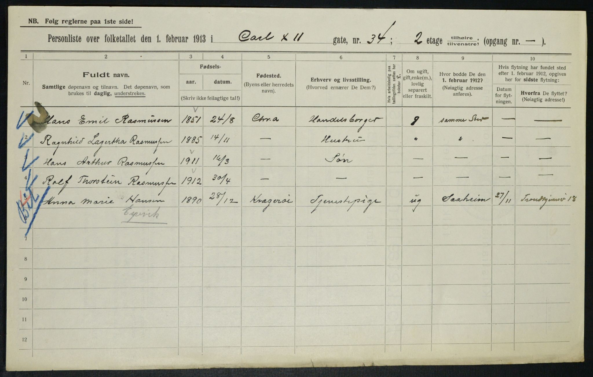 OBA, Municipal Census 1913 for Kristiania, 1913, p. 48415