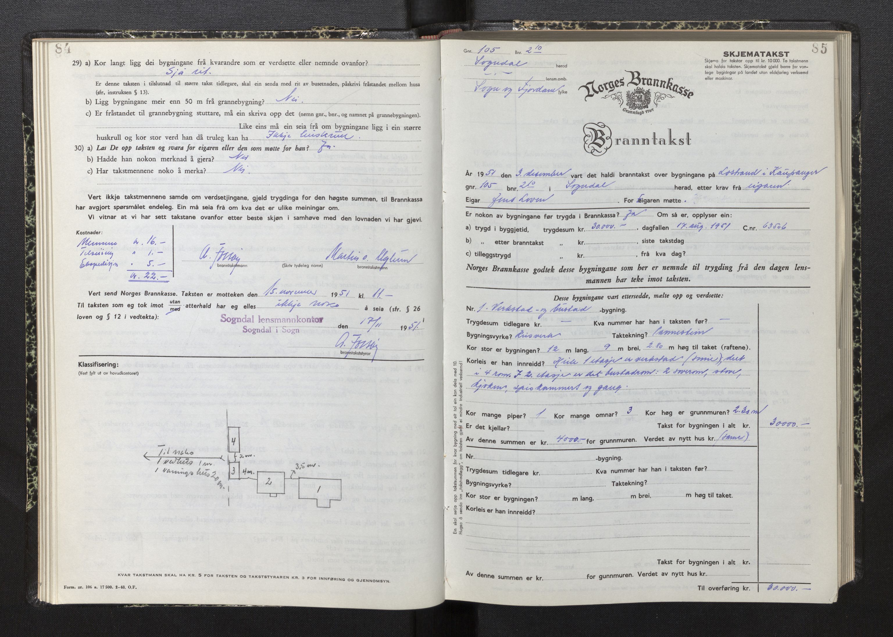 Lensmannen i Sogndal, AV/SAB-A-29901/0012/L0015: Branntakstprotokoll, skjematakst, 1950-1955, p. 84-85