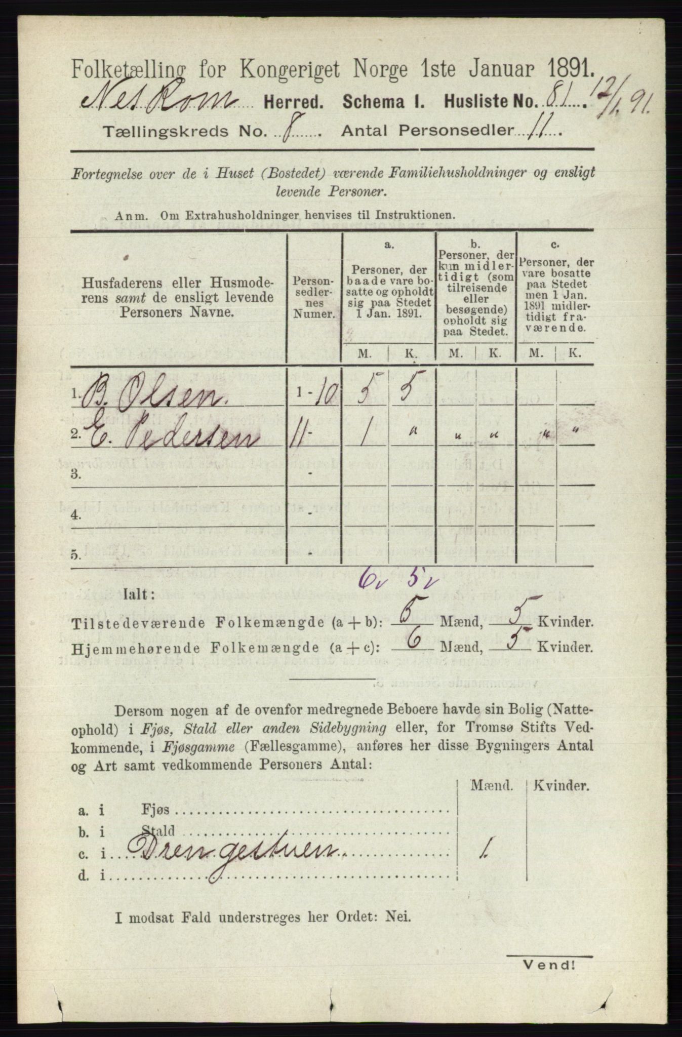 RA, 1891 census for 0236 Nes, 1891, p. 4561