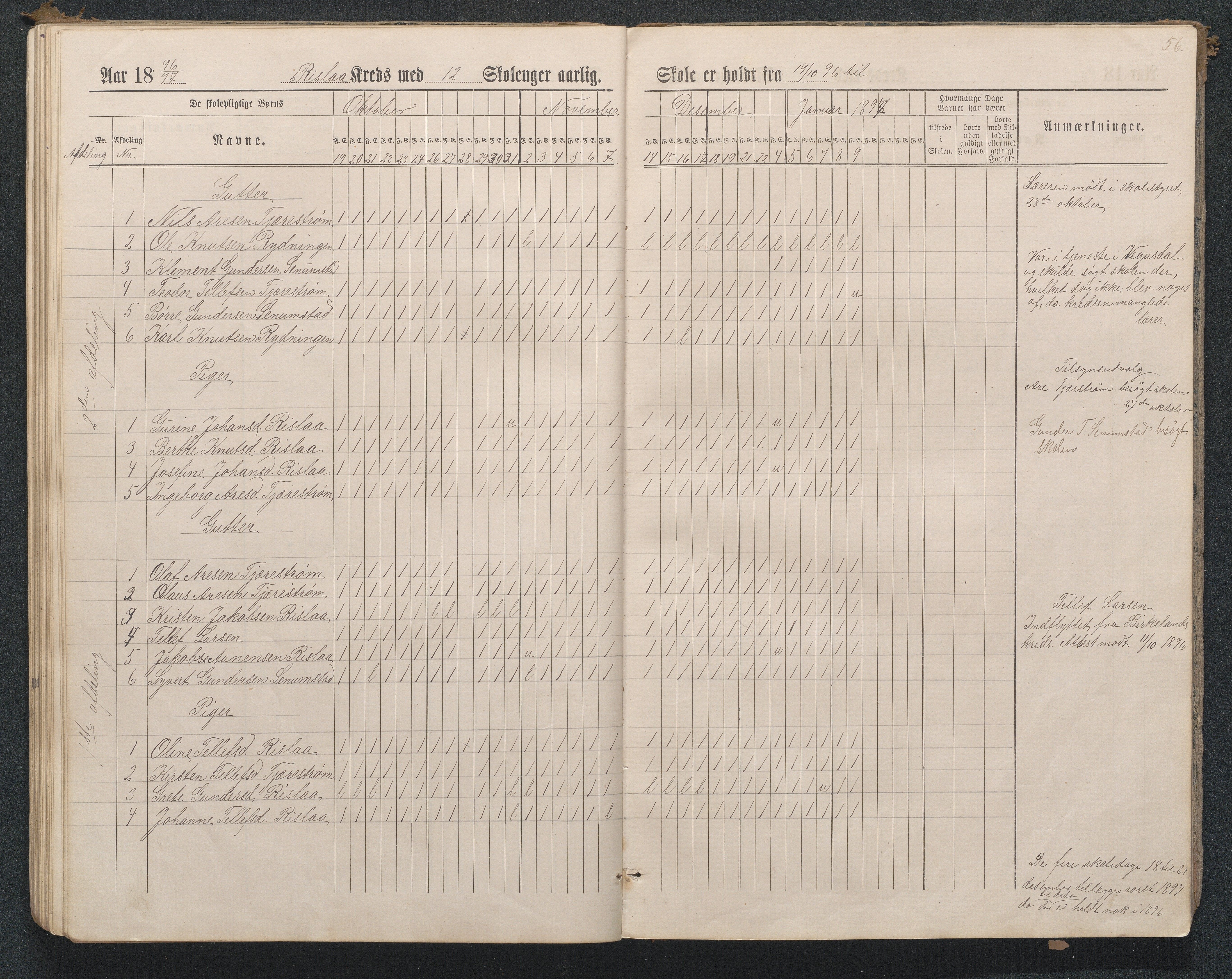 Birkenes kommune, Flå, Senumstad og Rislå skolekretser frem til 1991, AAKS/KA0928-550b_91/F02/L0001: Dagbok for Flå og Rislå, 1886-1900, p. 56