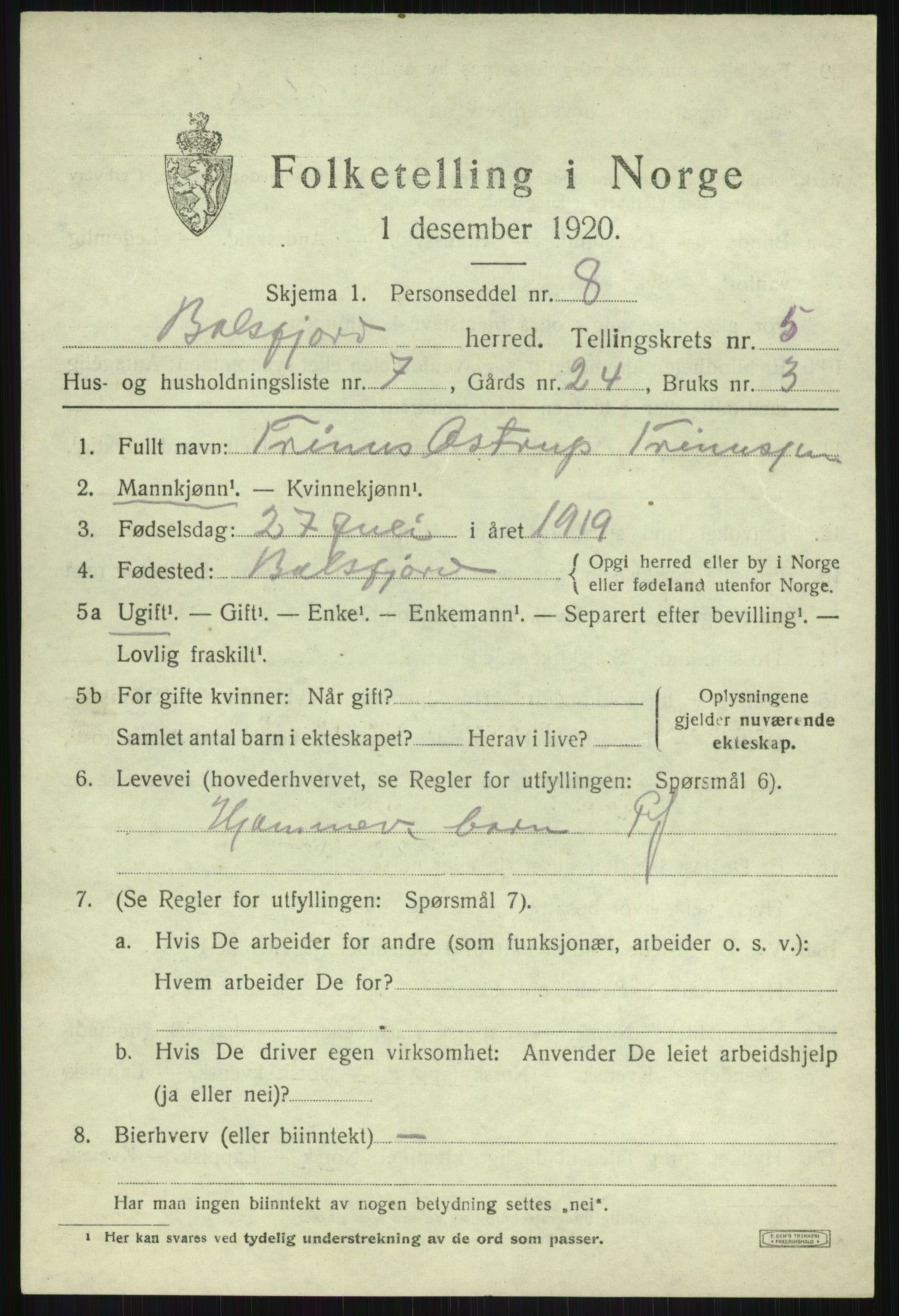 SATØ, 1920 census for Balsfjord, 1920, p. 3196