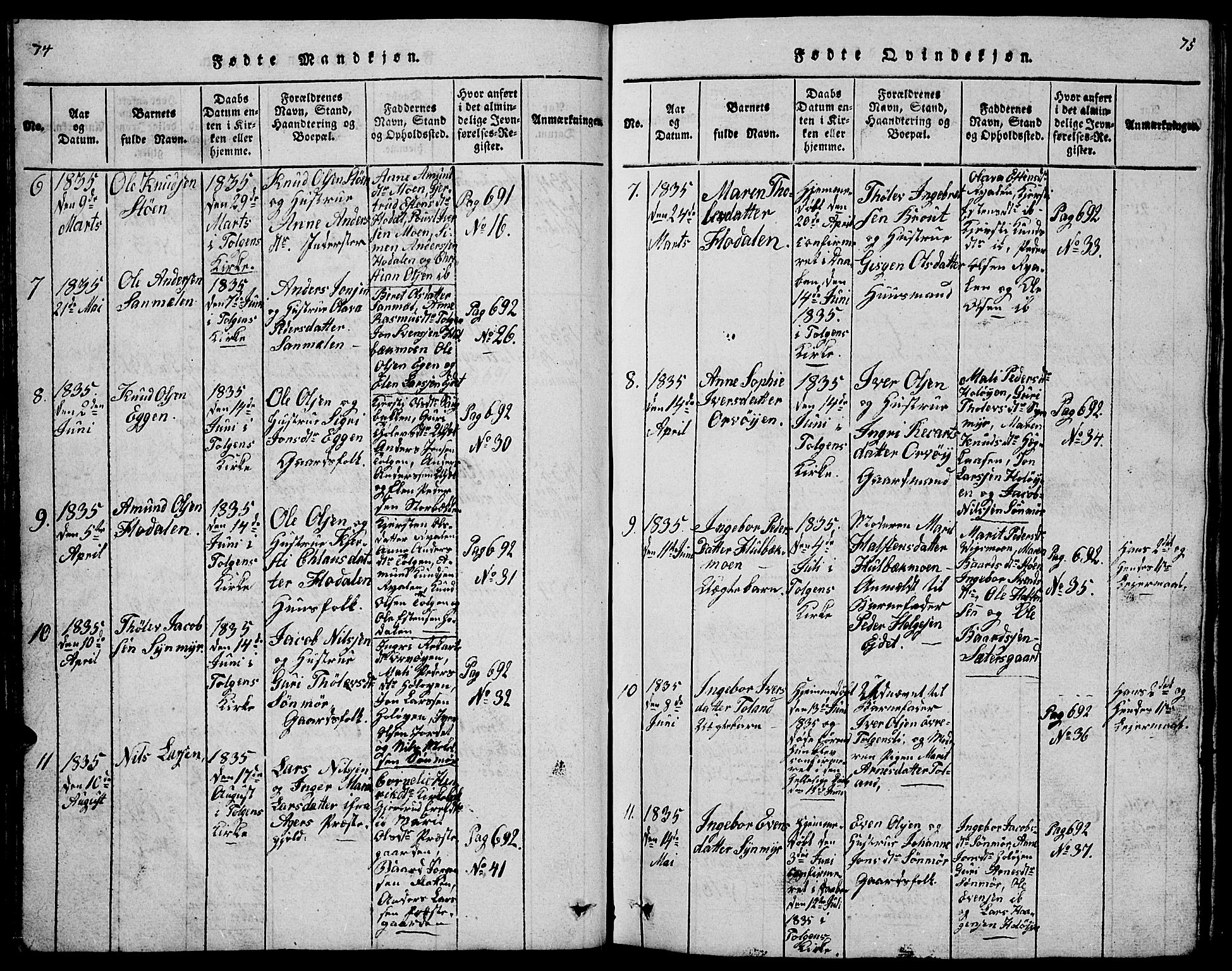 Tolga prestekontor, SAH/PREST-062/L/L0001: Parish register (copy) no. 1, 1814-1877, p. 74-75