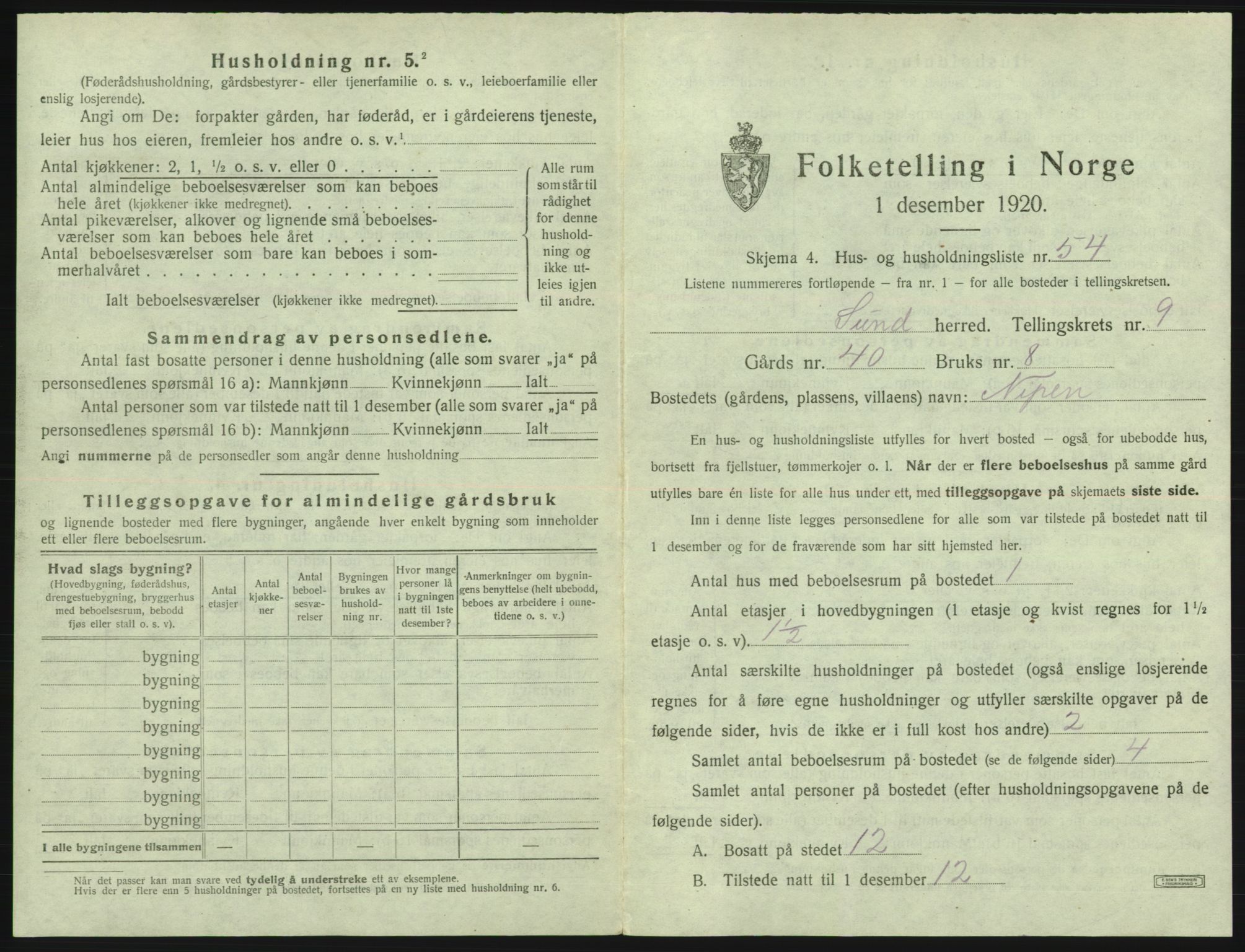 SAB, 1920 census for Sund, 1920, p. 830