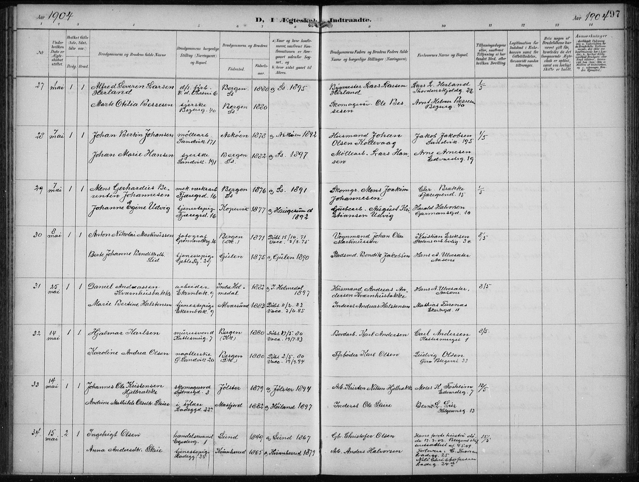 Sandviken Sokneprestembete, SAB/A-77601/H/Ha/L0014: Parish register (official) no. D 1, 1896-1911, p. 97