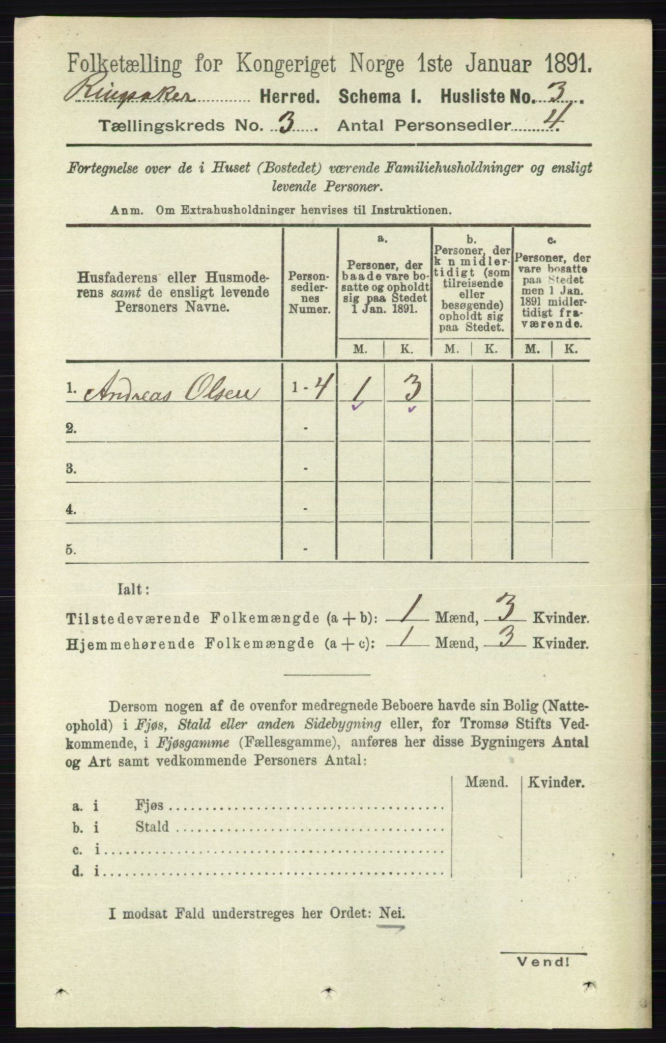 RA, 1891 census for 0412 Ringsaker, 1891, p. 1164