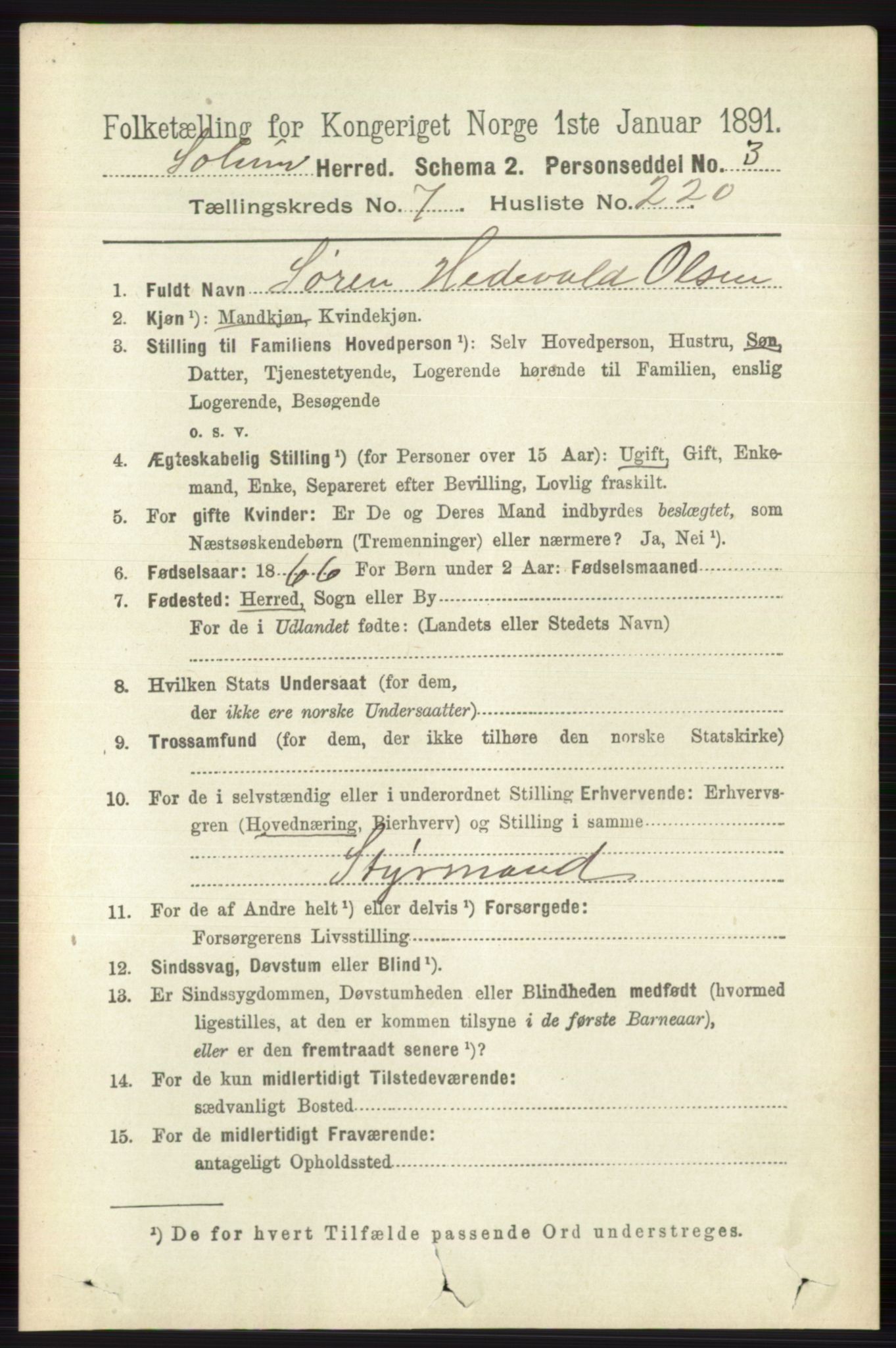 RA, 1891 census for 0818 Solum, 1891, p. 4011