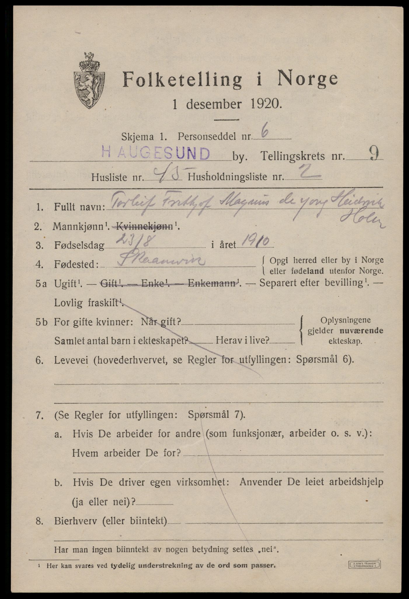 SAST, 1920 census for Haugesund, 1920, p. 32929