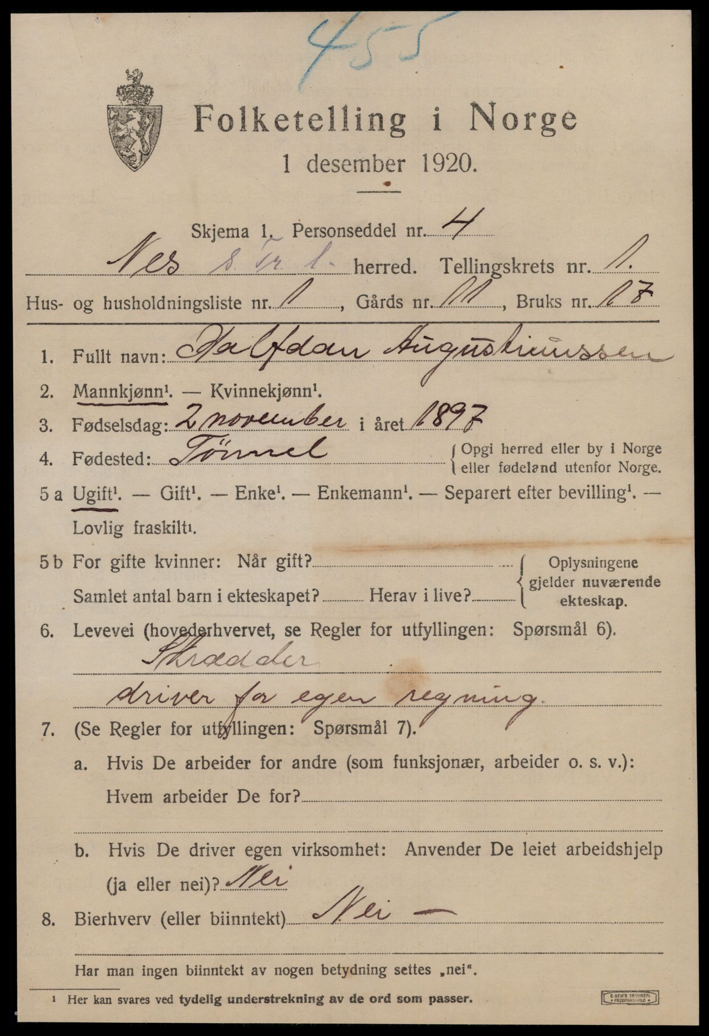 SAT, 1920 census for Nes (ST), 1920, p. 461