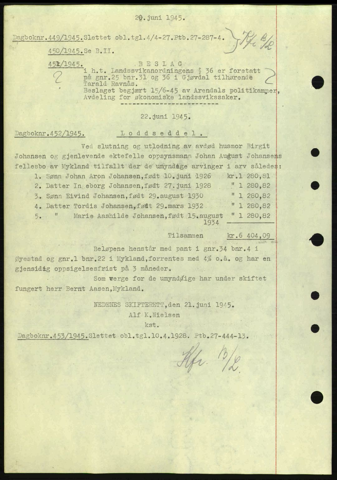 Nedenes sorenskriveri, SAK/1221-0006/G/Gb/Gba/L0052: Mortgage book no. A6a, 1944-1945, Diary no: : 449/1945