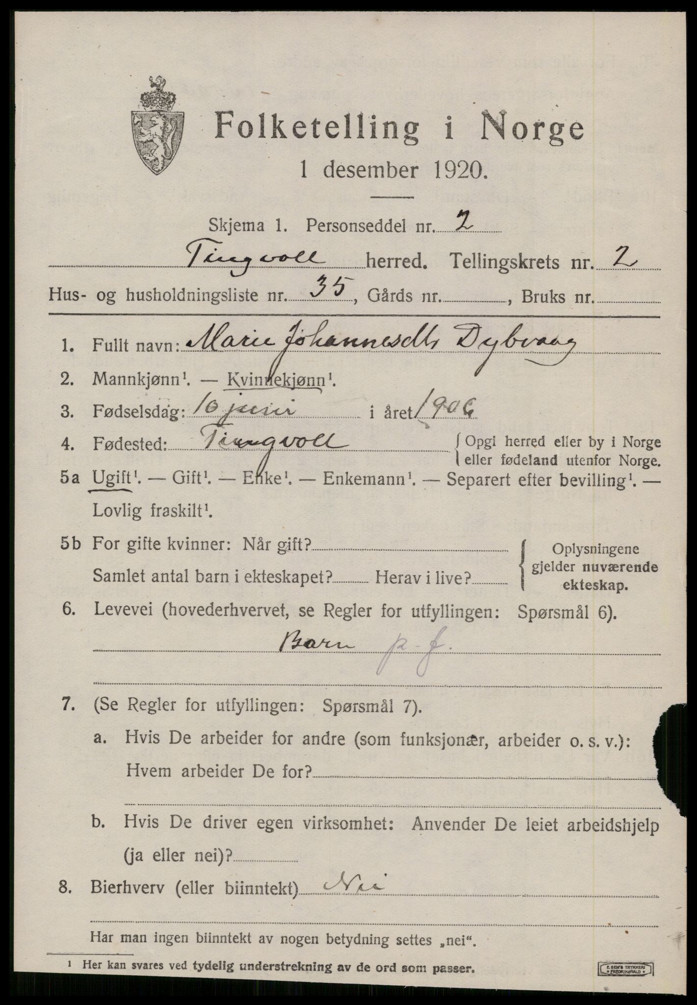 SAT, 1920 census for Tingvoll, 1920, p. 1634