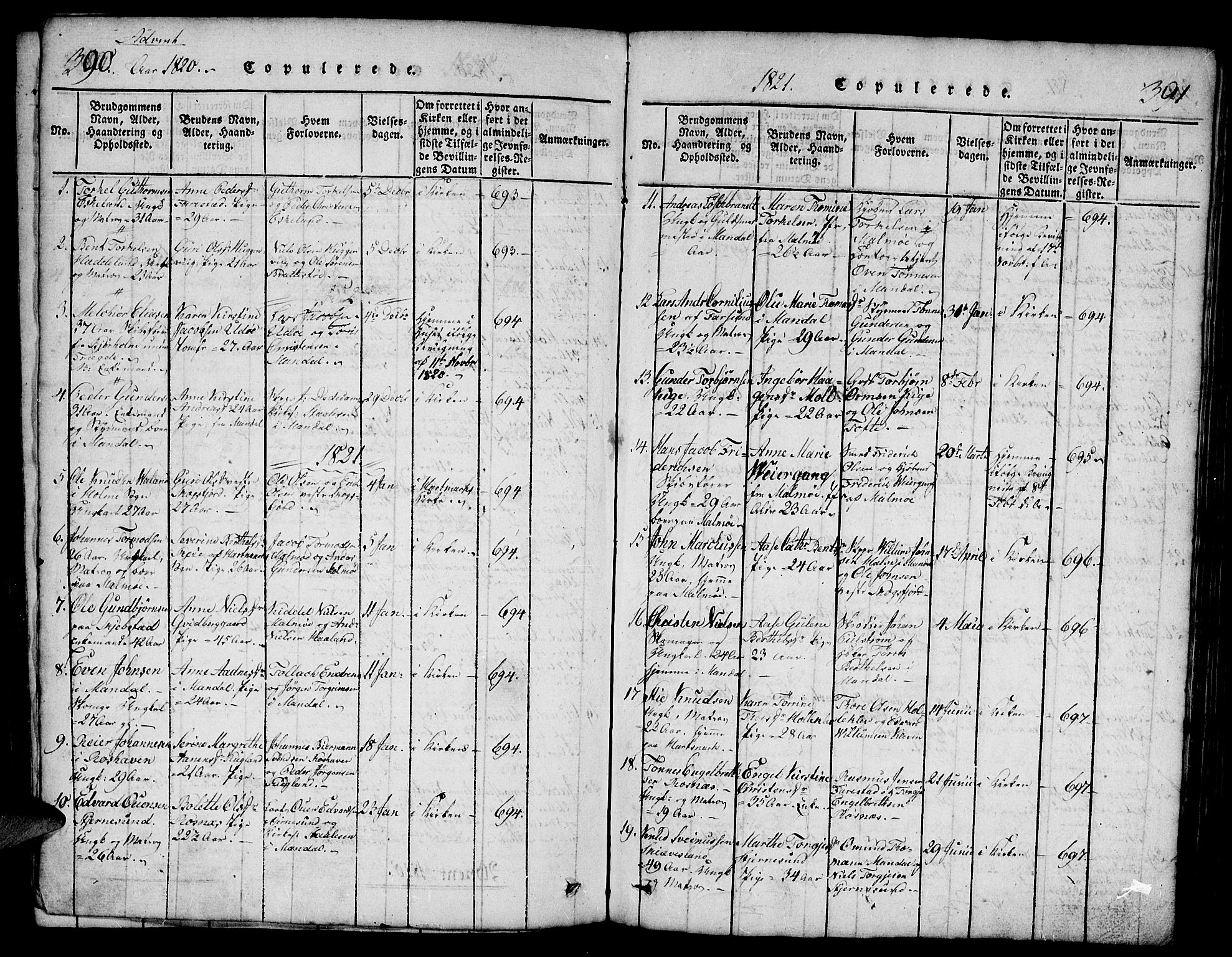 Mandal sokneprestkontor, SAK/1111-0030/F/Fb/Fba/L0001: Parish register (copy) no. B 1, 1818-1830, p. 390-391