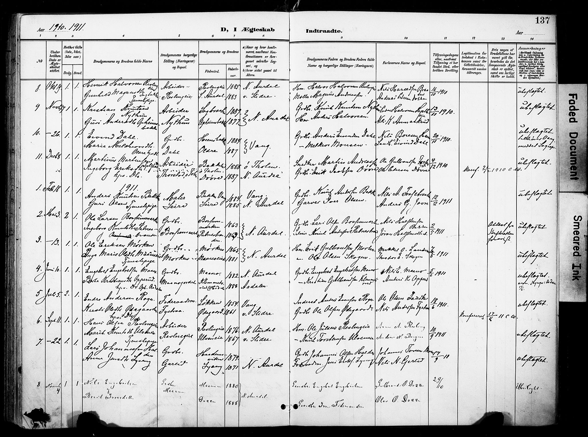 Nord-Aurdal prestekontor, SAH/PREST-132/H/Ha/Haa/L0014: Parish register (official) no. 14, 1896-1912, p. 137