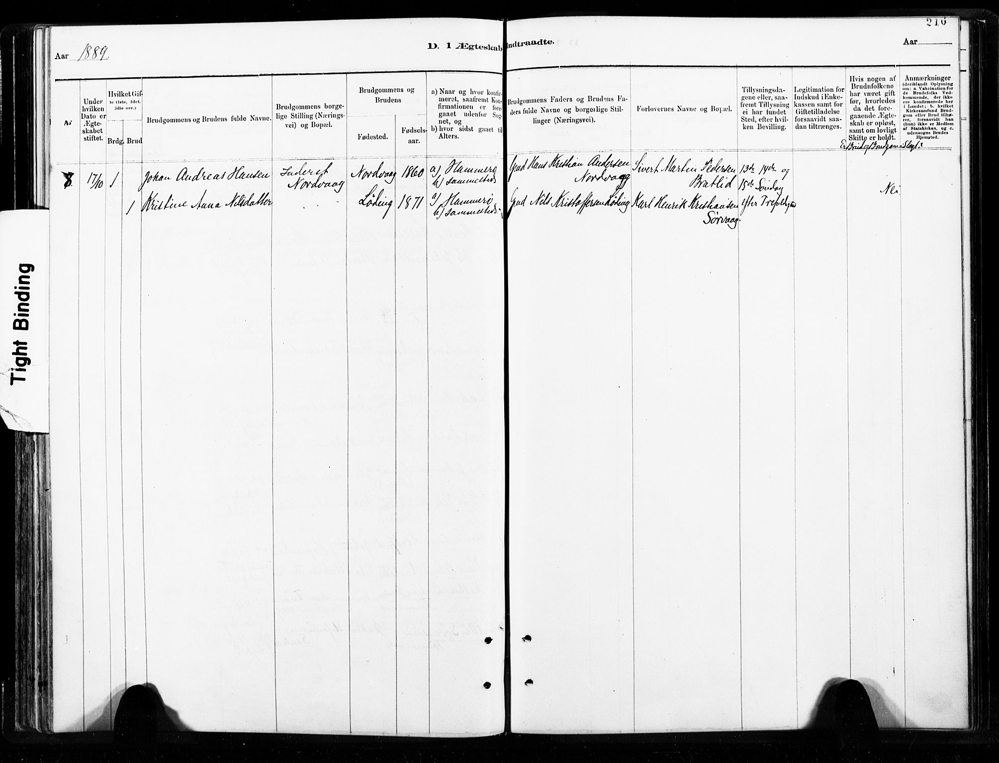 Ministerialprotokoller, klokkerbøker og fødselsregistre - Nordland, AV/SAT-A-1459/859/L0846: Parish register (official) no. 859A06, 1878-1889, p. 216