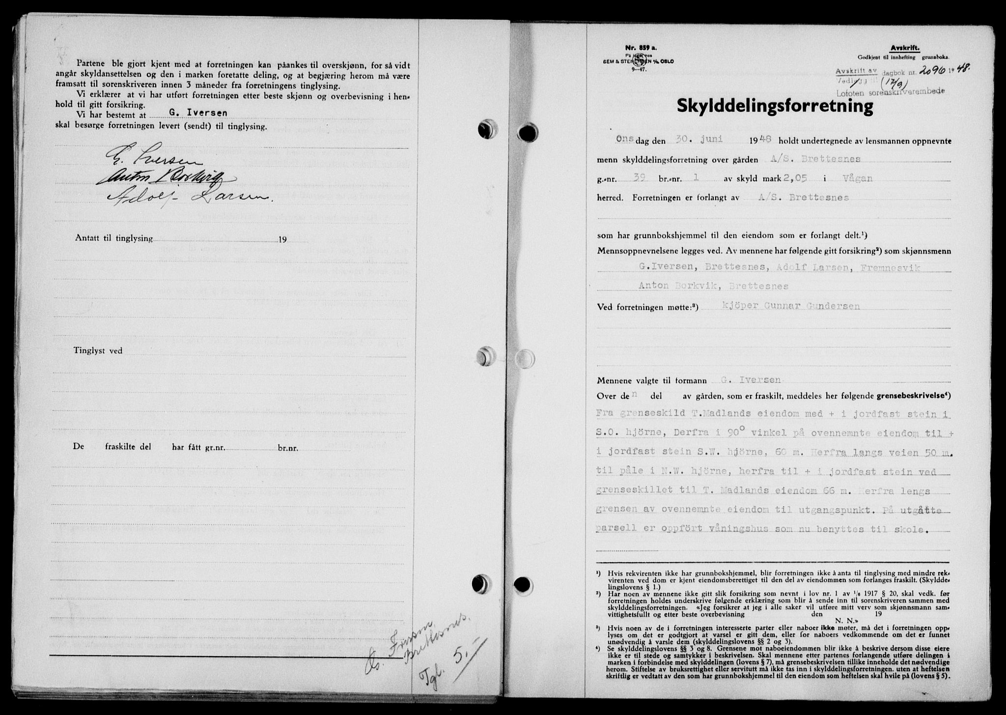 Lofoten sorenskriveri, SAT/A-0017/1/2/2C/L0019a: Mortgage book no. 19a, 1948-1948, Diary no: : 2096/1948