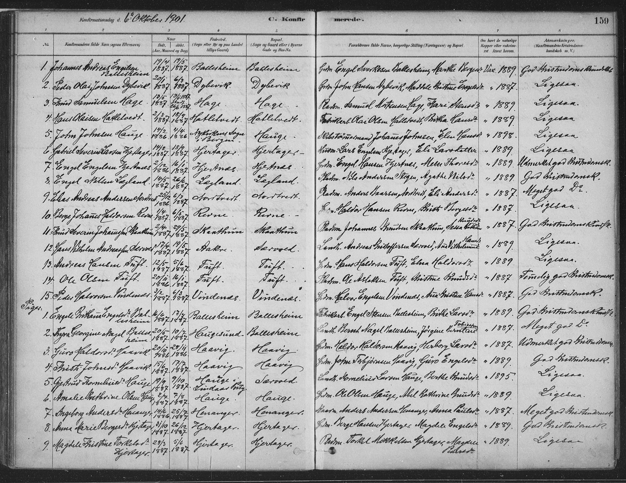Fusa sokneprestembete, SAB/A-75401/H/Haa: Parish register (official) no. D 1, 1880-1938, p. 159